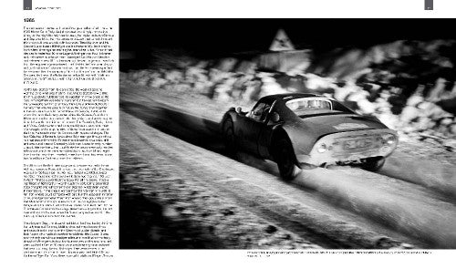 Rally car photograph on a black-and-white book page with dense text columns