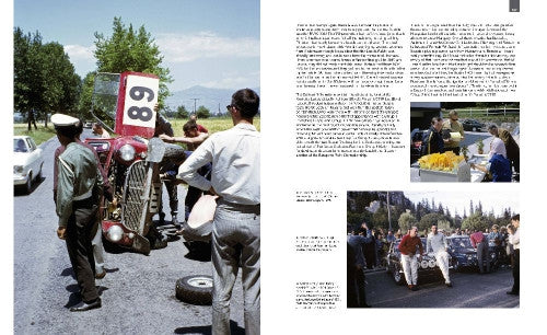 Rally parade book page showing classic cars and spectators with surrounding captions