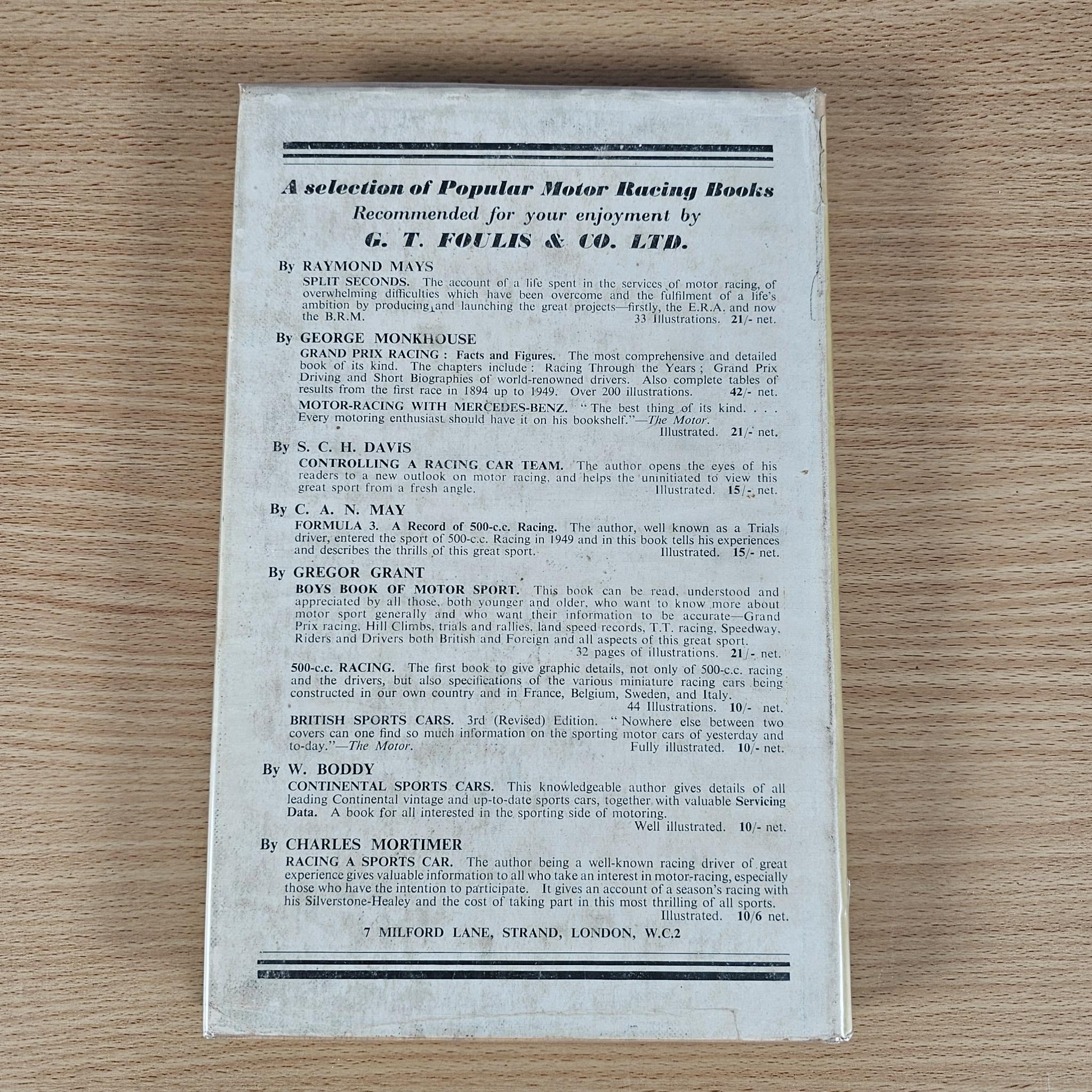 Back cover page of racing car book with “Popular Motor Racing Books” text