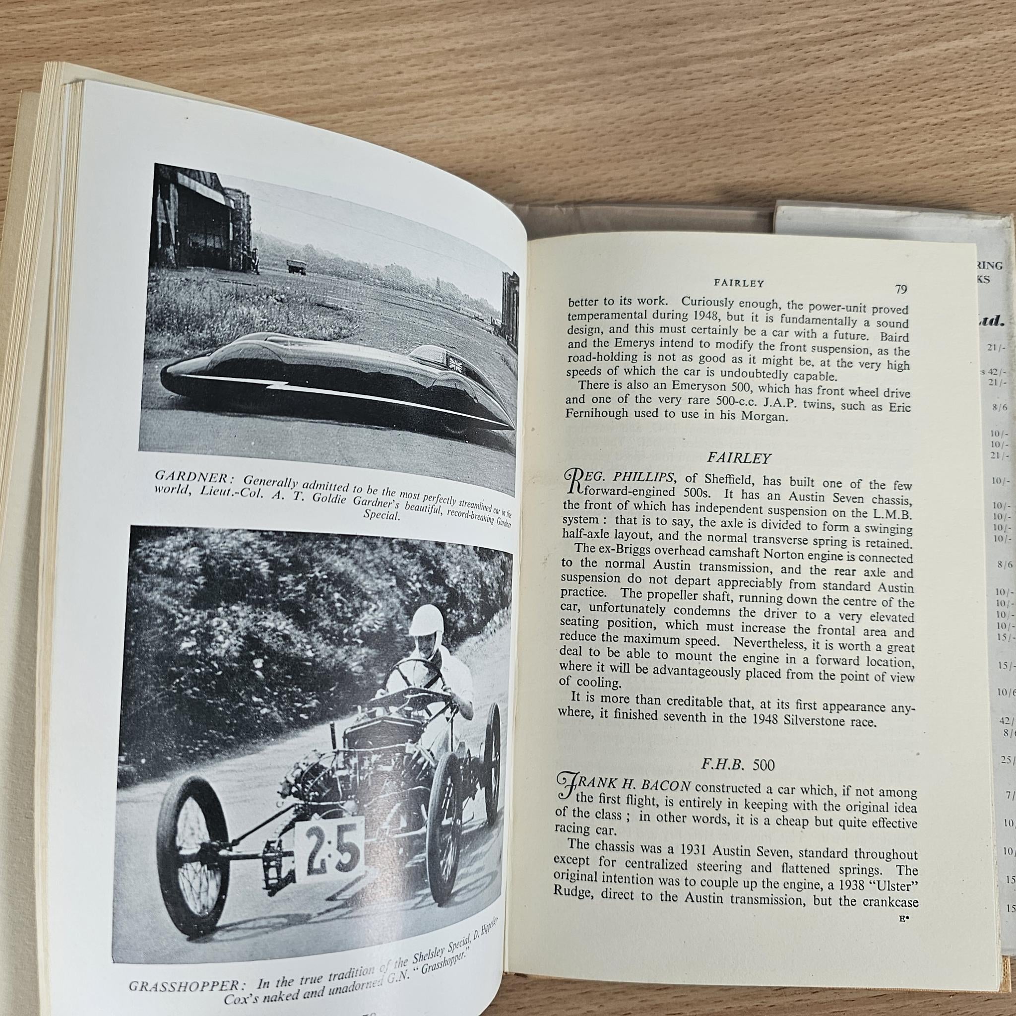 Open book spread with black-and-white racing car photos and headings.