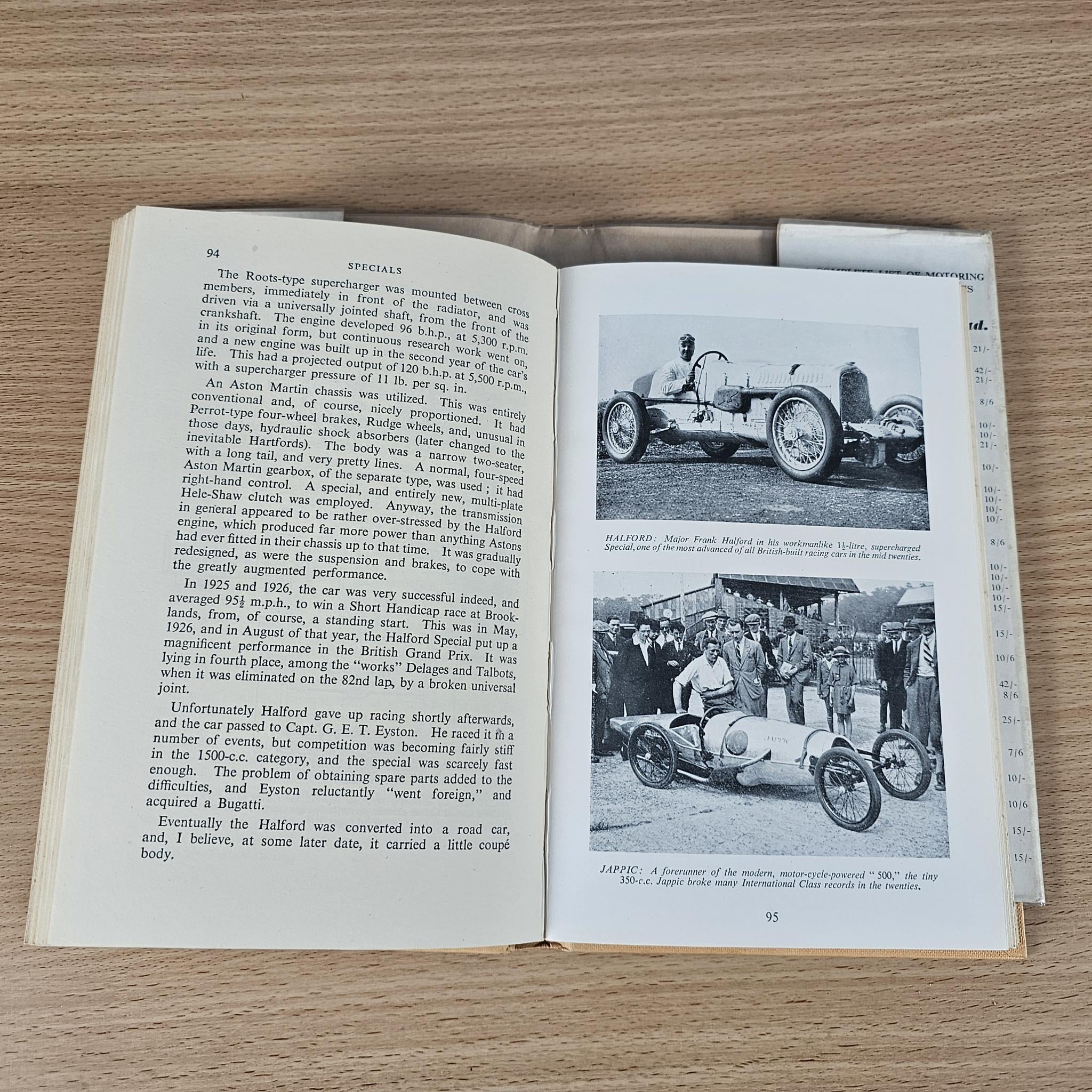 Open book spread with racing car photo and group photo on right page.