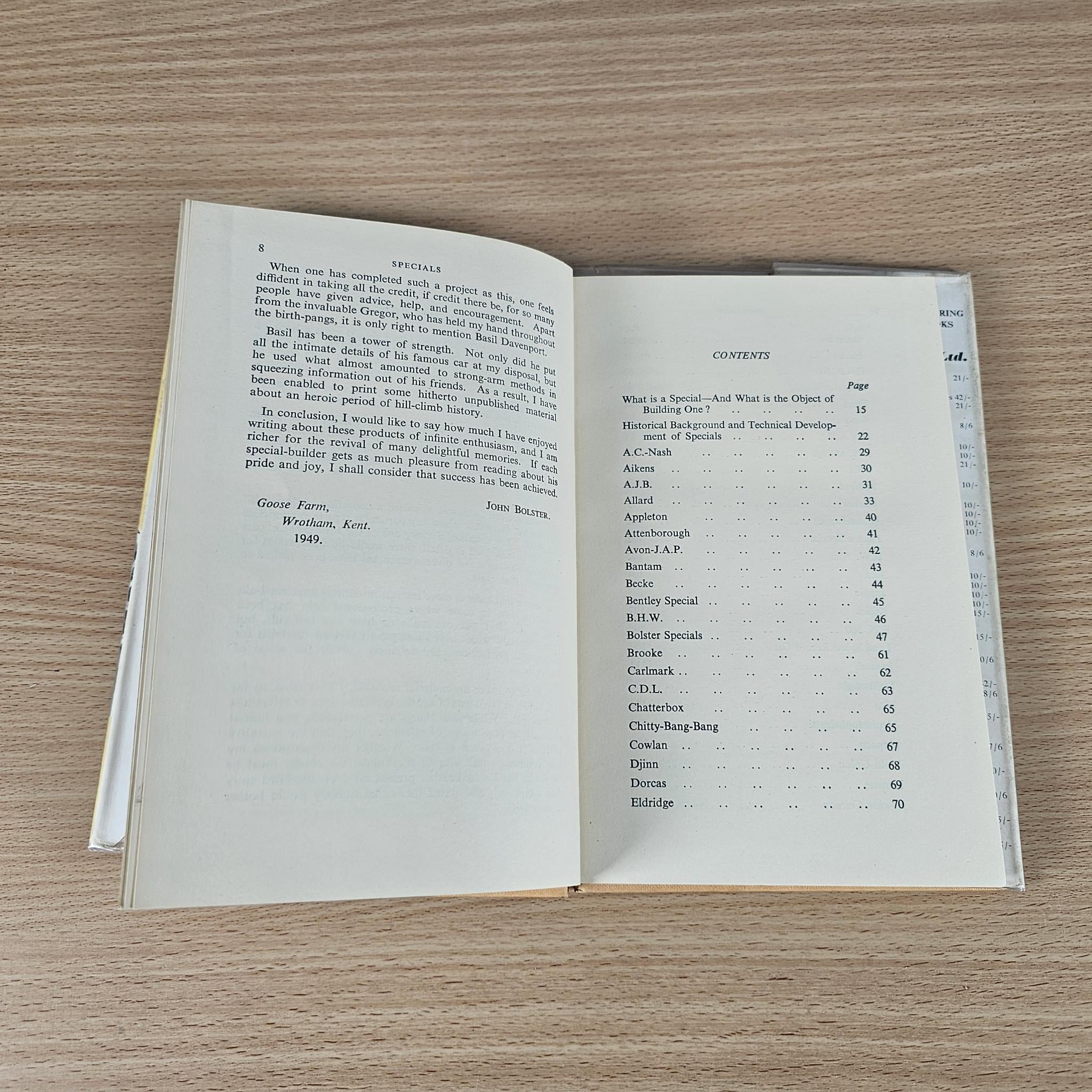 Open racing book with contents list on the right and text on the left