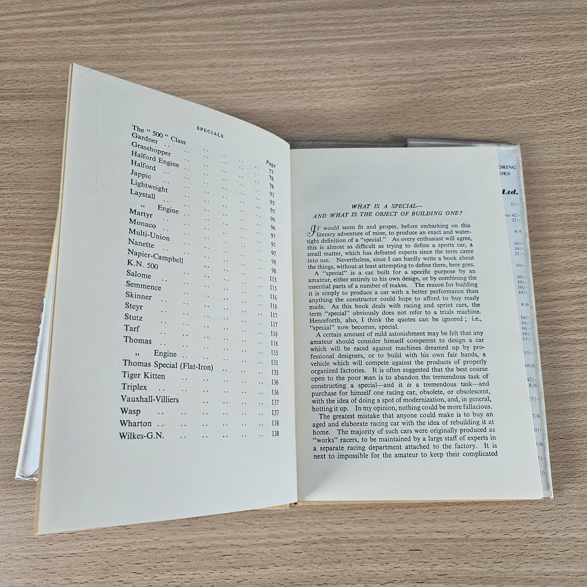 Open racing book showing contents list and an “WHAT IS A SPECIAL” text page