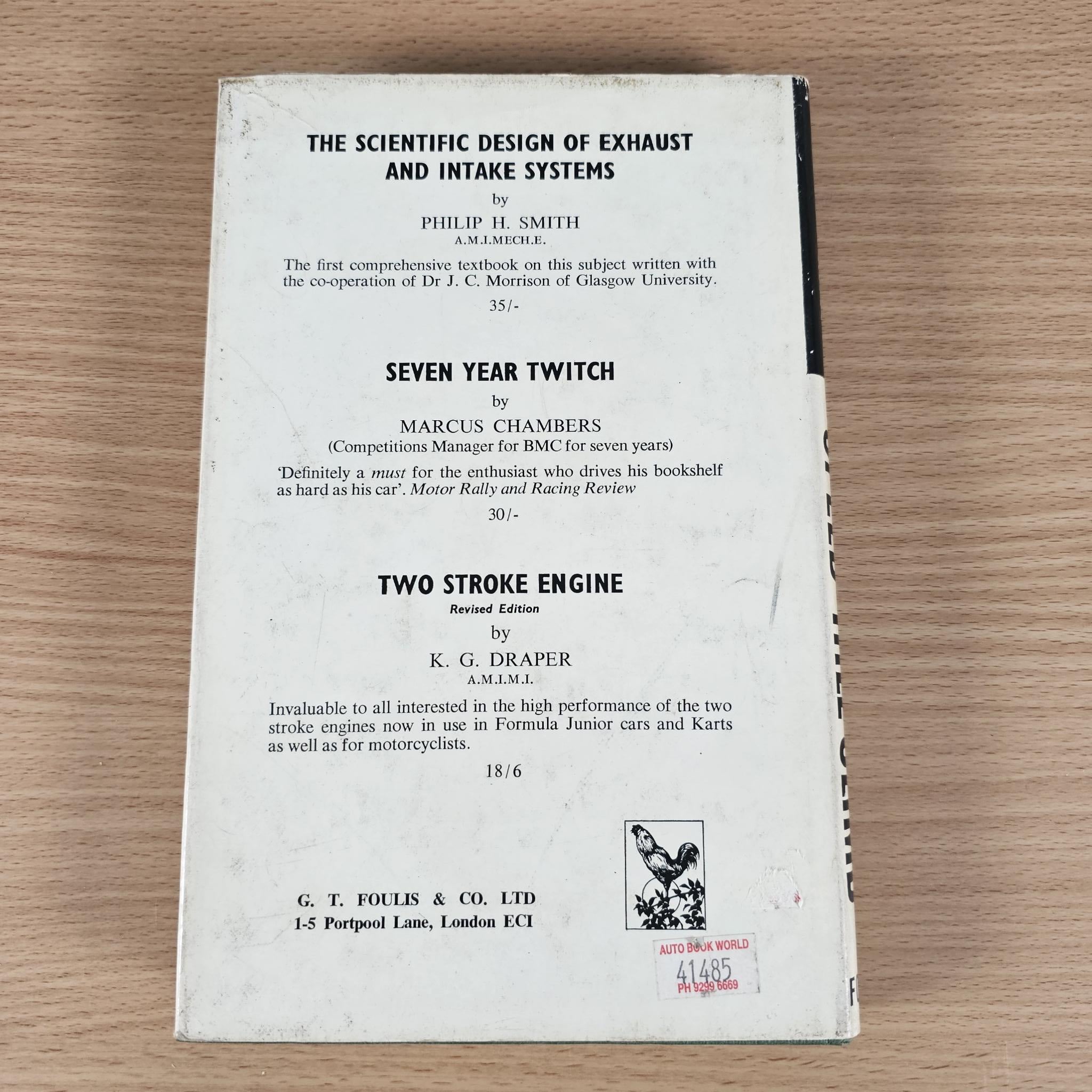 Back cover of vintage book with technical text and “Two Stroke Engine” heading