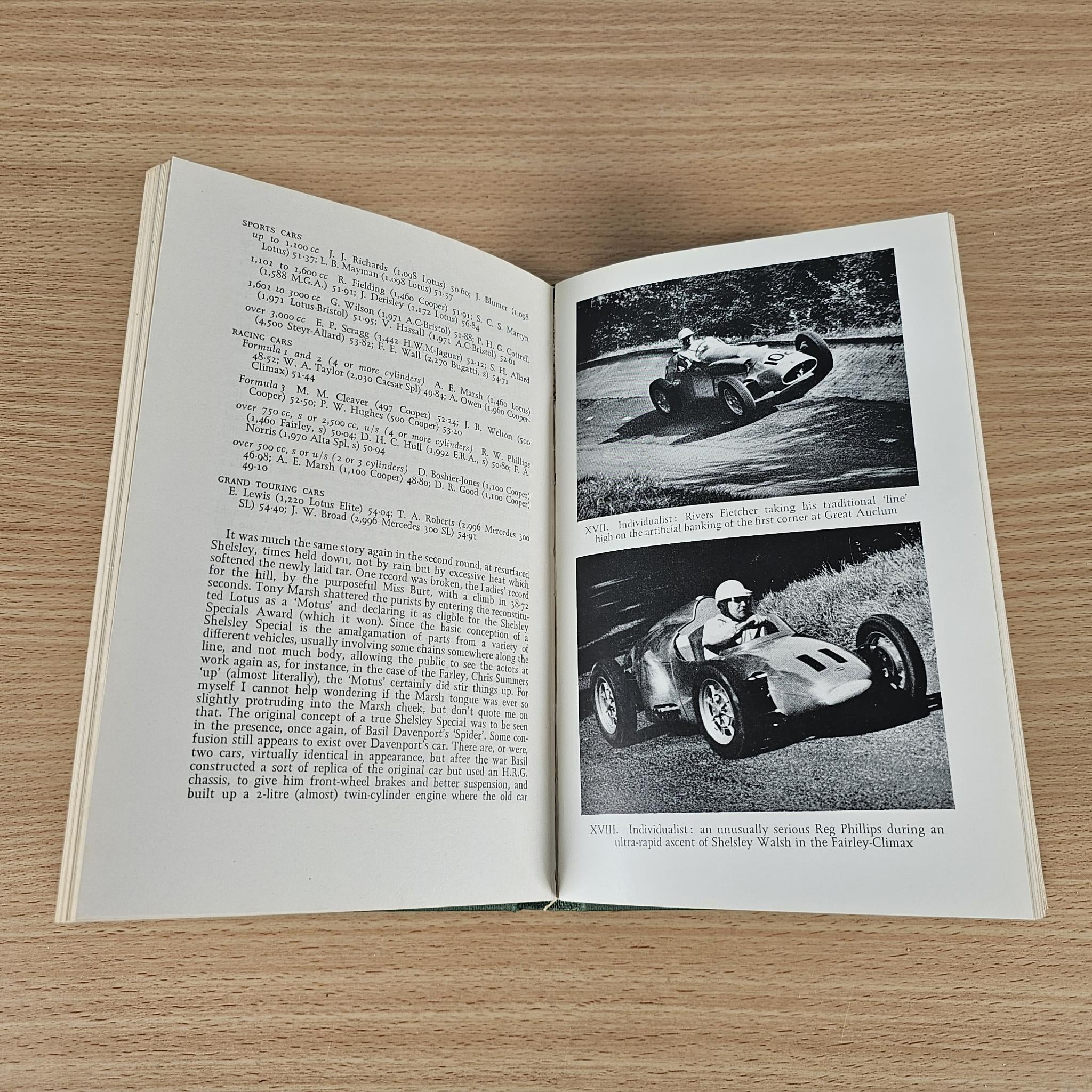 Open vintage book spread with text on left and two race car photos on right