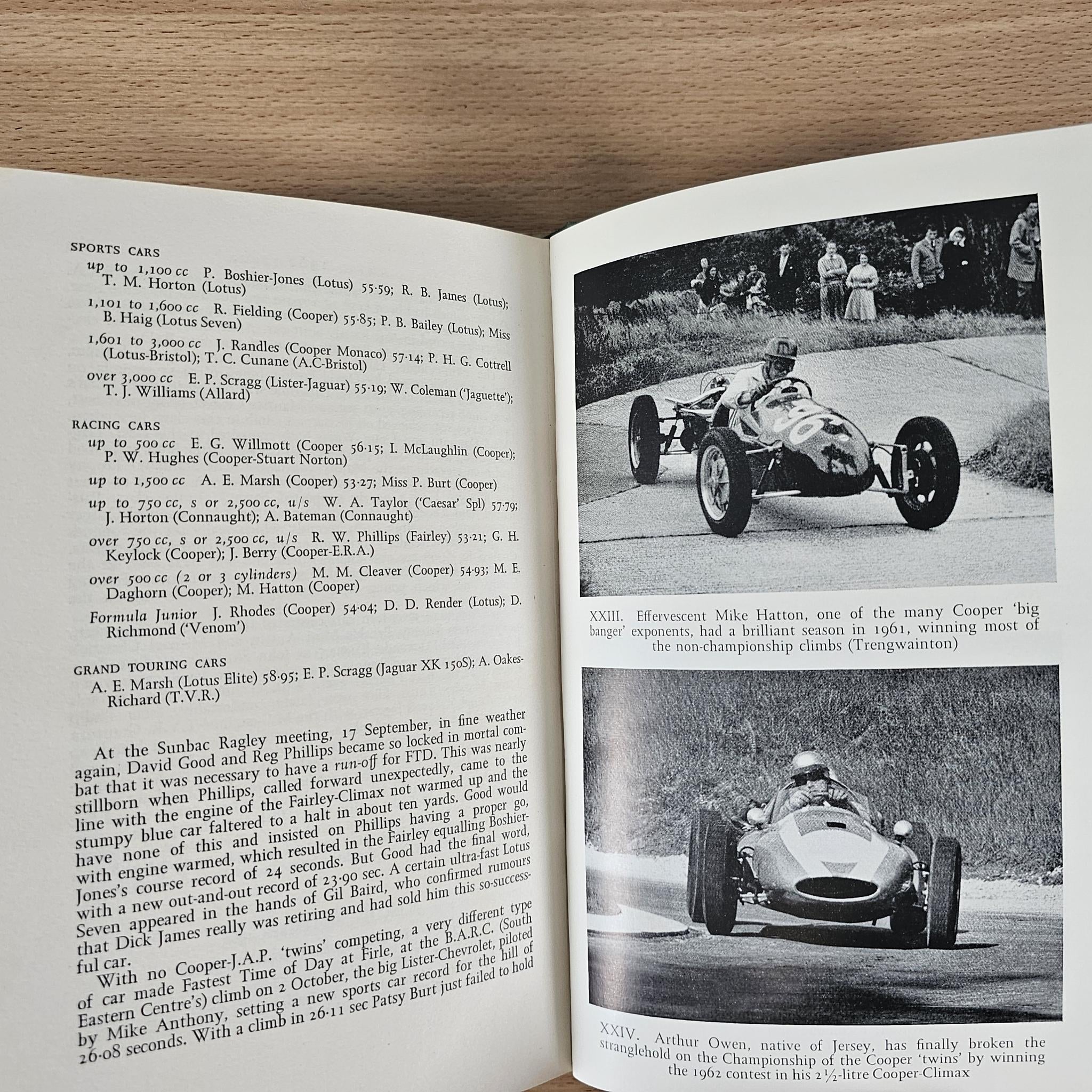 Open vintage book pages with list text on left and three race photos on right