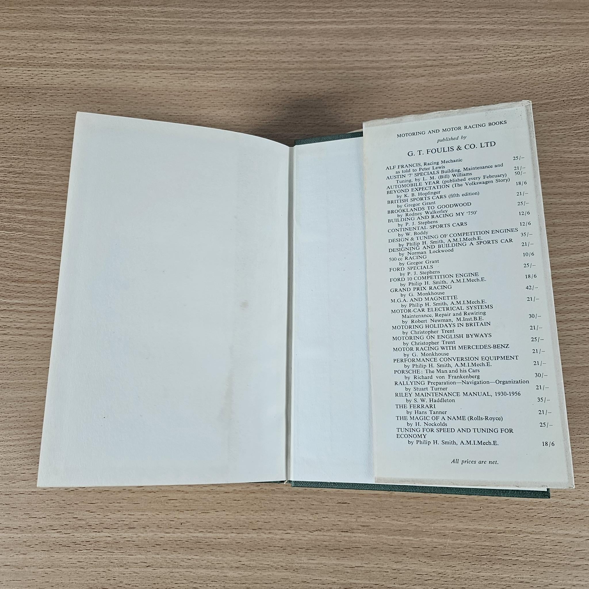 Open vintage book with mostly blank left page and dense reference list on right
