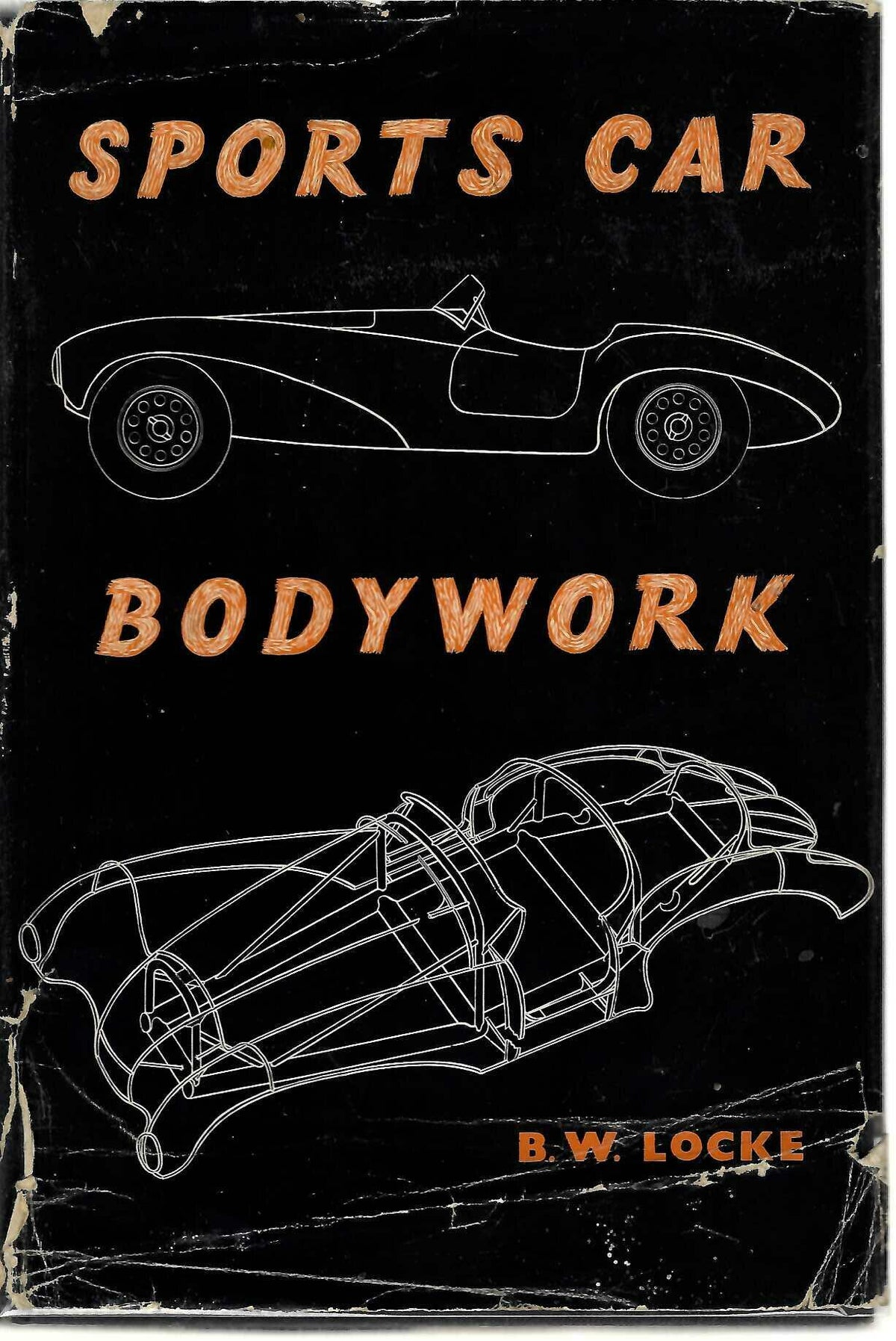 Sports Car Bodywork book with dark cover, title text, car line drawings, and B. W. Locke name.