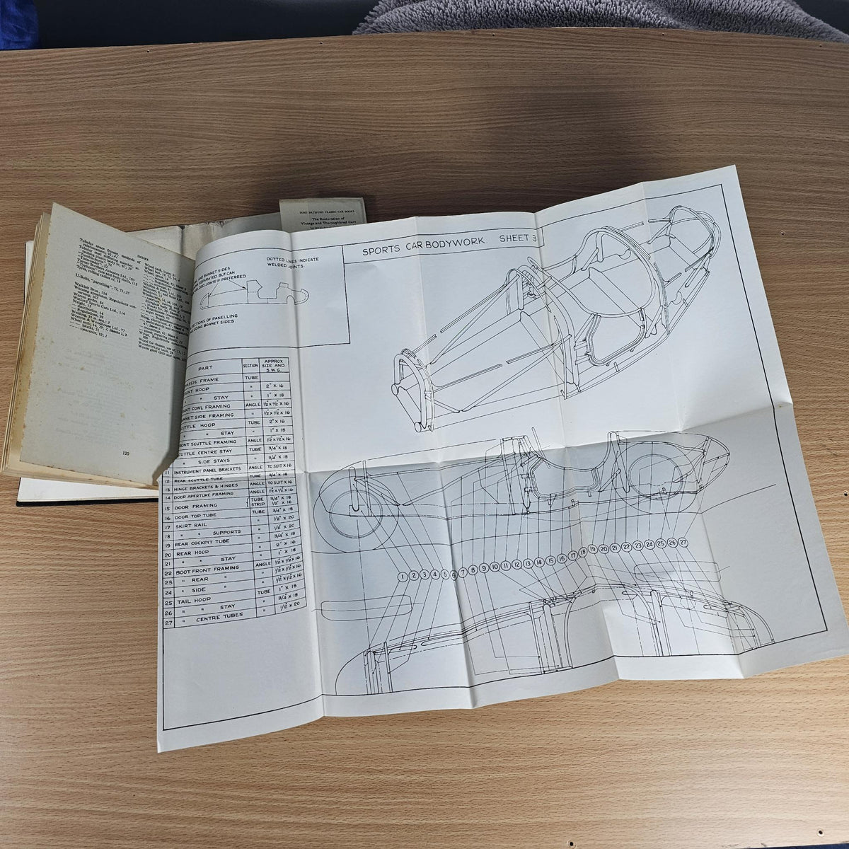 Hardcover technical book with open pages of car bodywork diagrams and tables