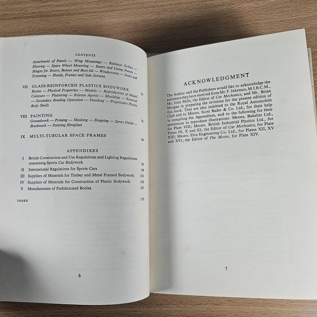 Sports Car Bodywork book open with contents and acknowledgments on opposite pages.