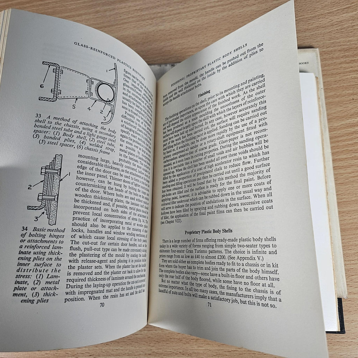 Sports Car Bodywork book open to technical diagrams and “Glass-Reinforced Plastic Body Shells” text.