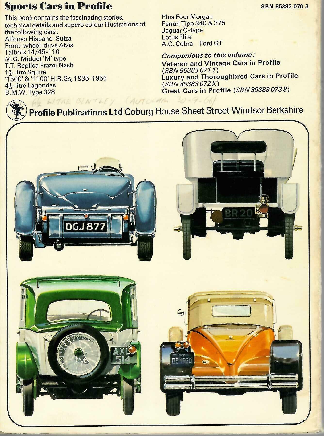 Vintage automotive profile book cover with four classic car front views in blue, green, orange.