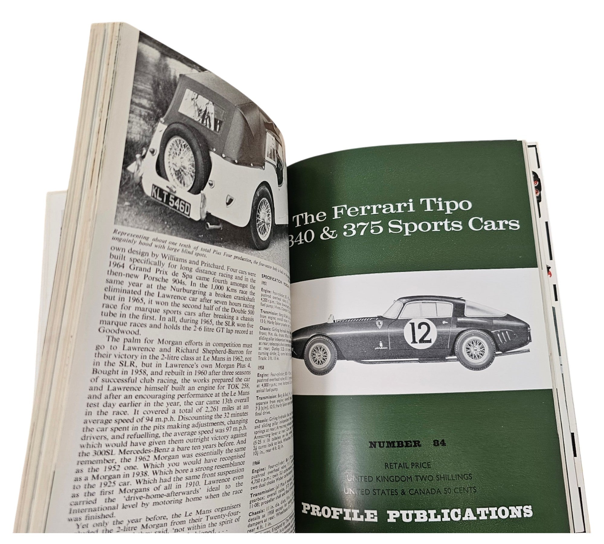 Open book spread with green title panel and photo of a gray race car.