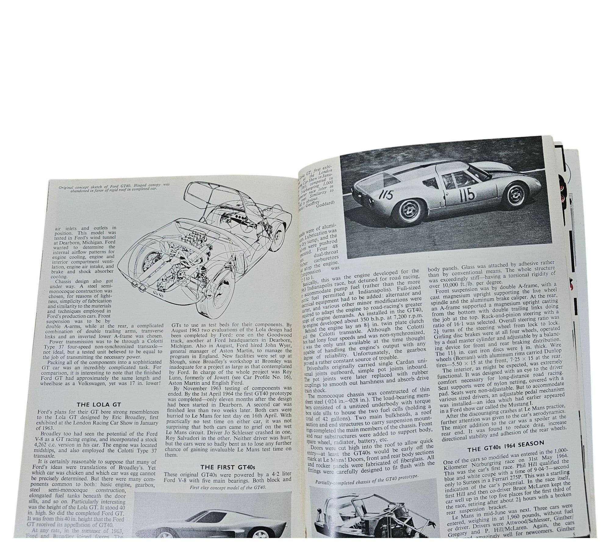 Open book spread with black-and-white car photos and technical blueprint drawings.