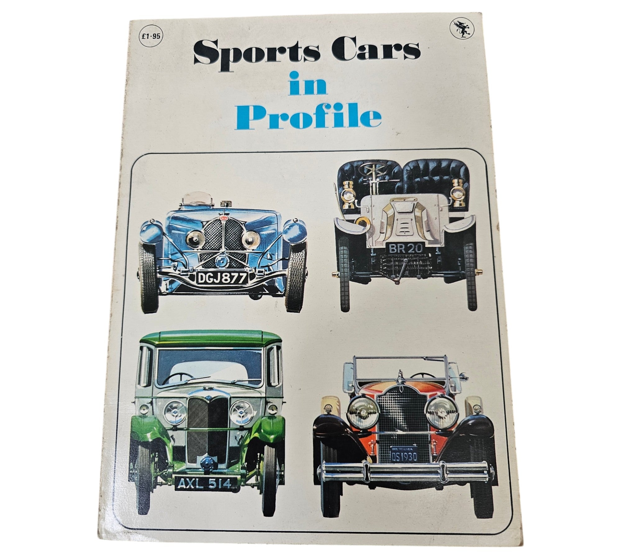 Sports car profile book cover with four classic car front views and blue title lettering.