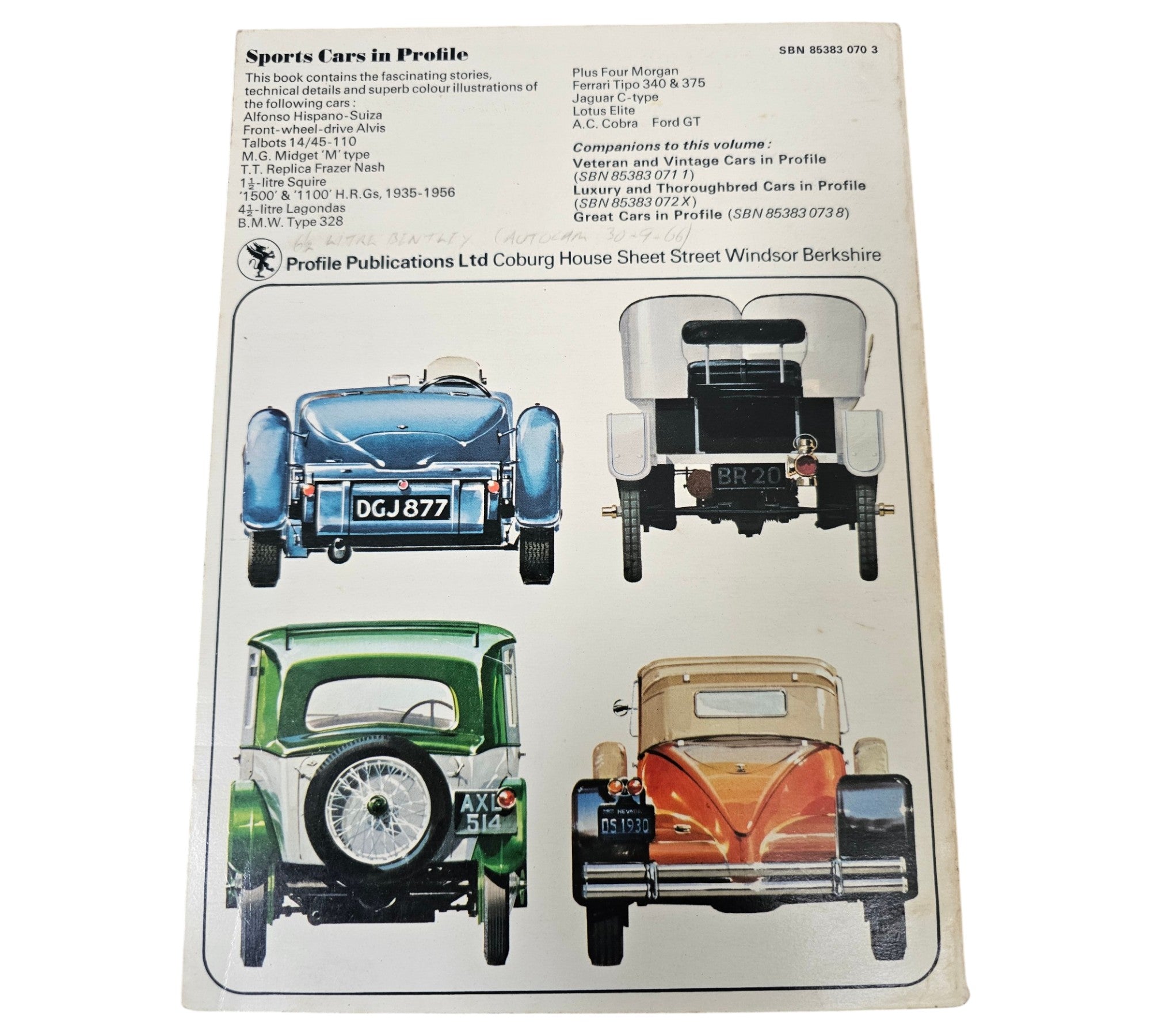 Vintage automotive profile book cover with four classic car front views and publisher info.