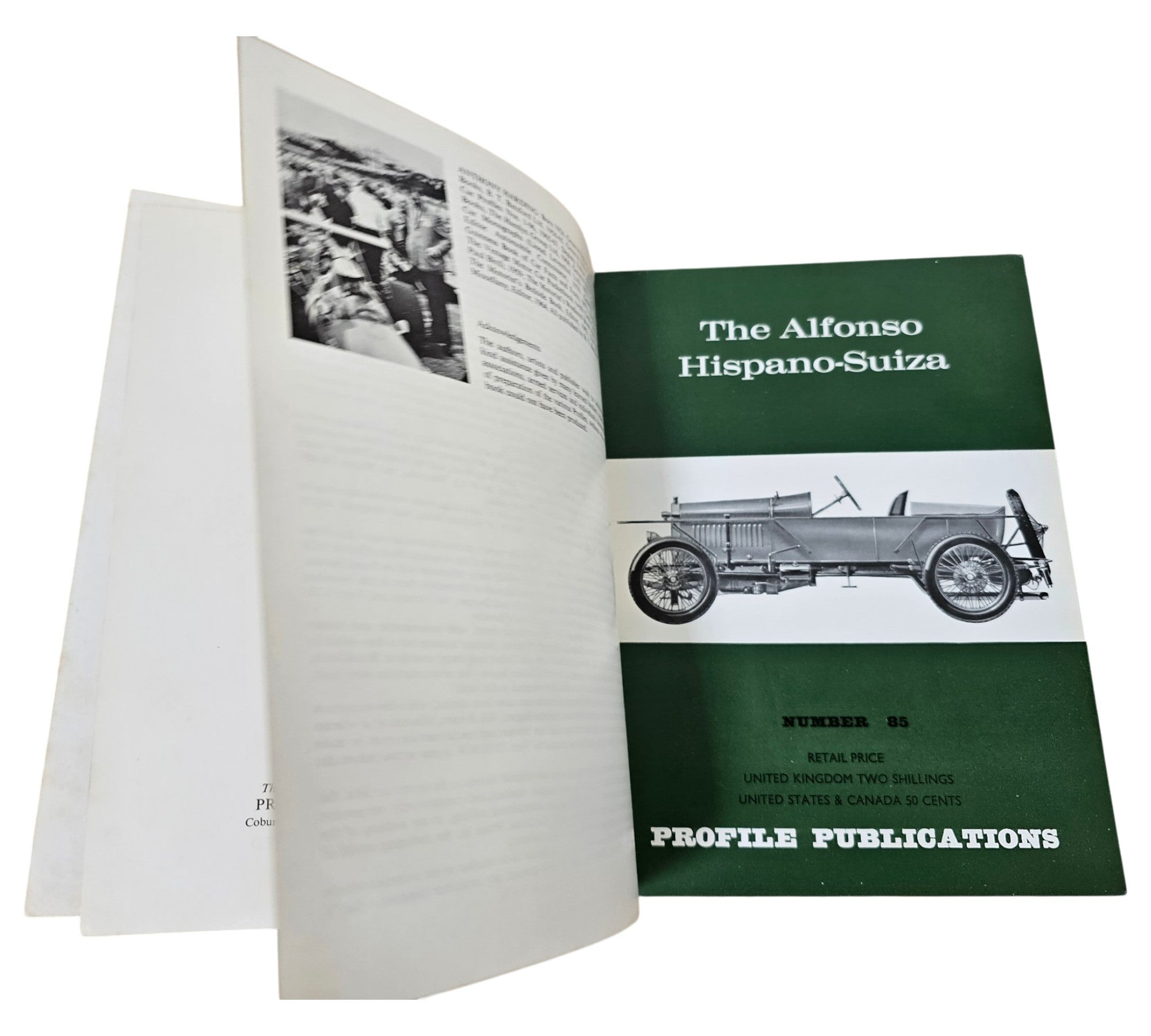 Open book with green cover showing the title and classic car profile illustration.