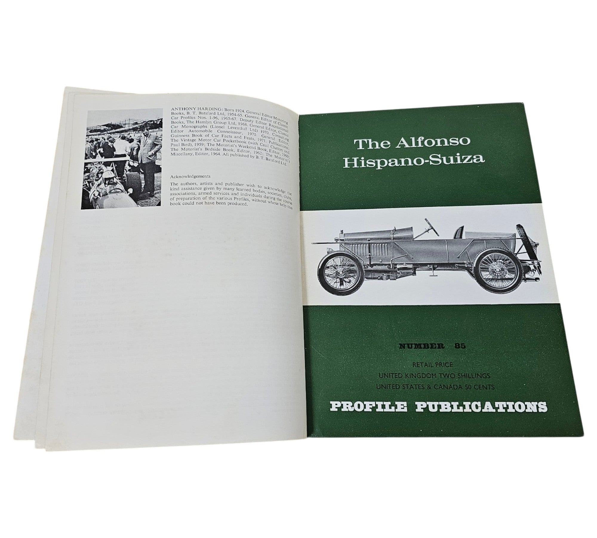 Open book with green title panel 'The Alfonso Hispano-Suiza' and car profile graphic.