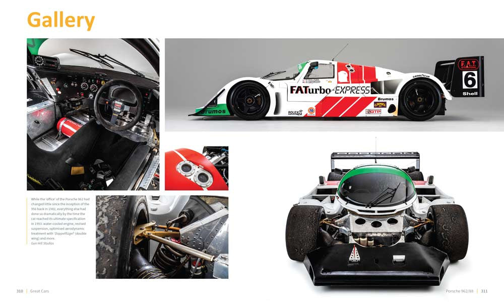 Open book spread showing white race car with red stripes and inset engine detail