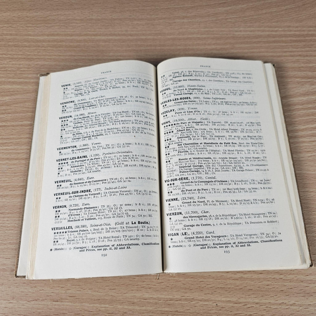 Open vintage AA foreign touring guide pages with dense place-name listings