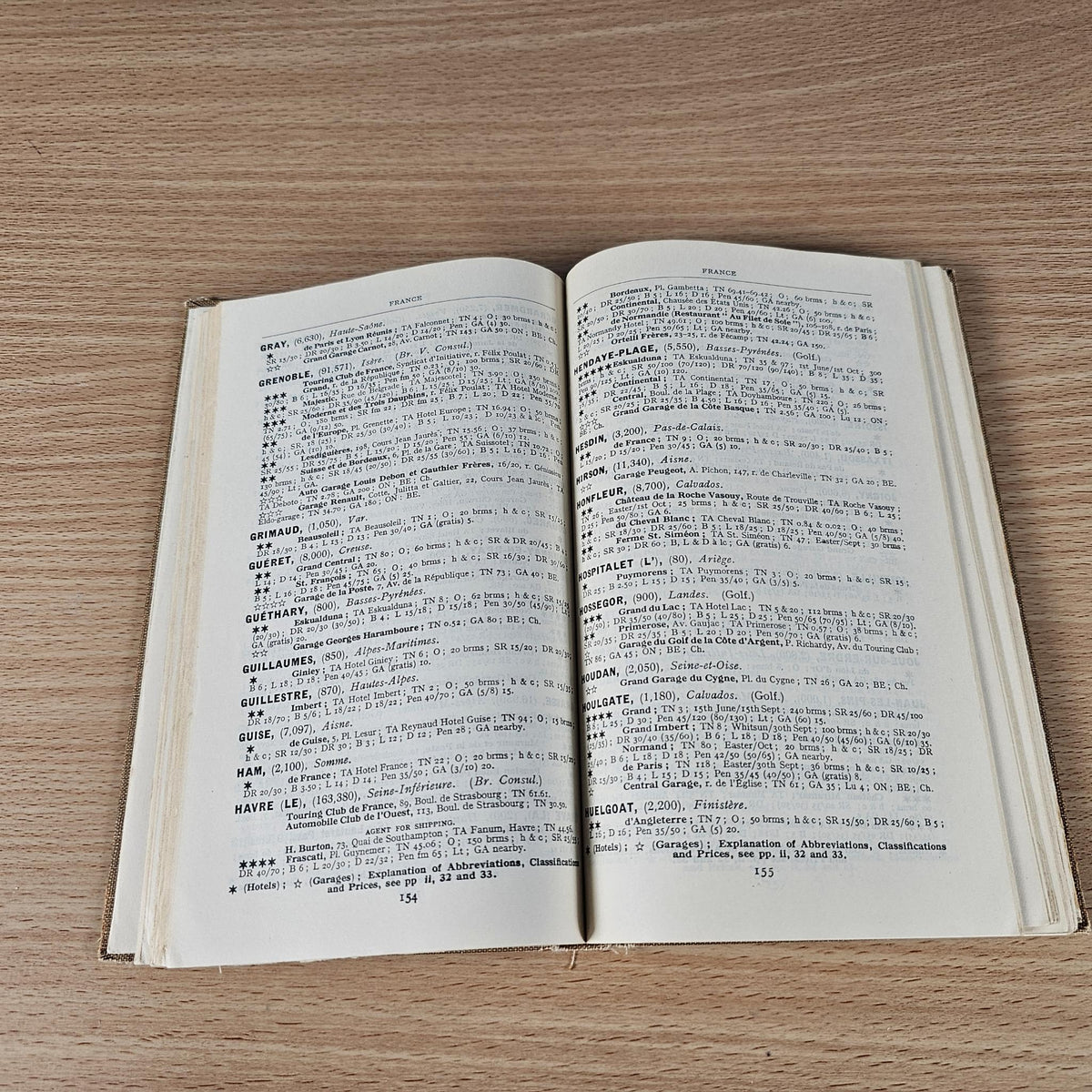 Open vintage AA foreign touring guide pages with dense place-name listings