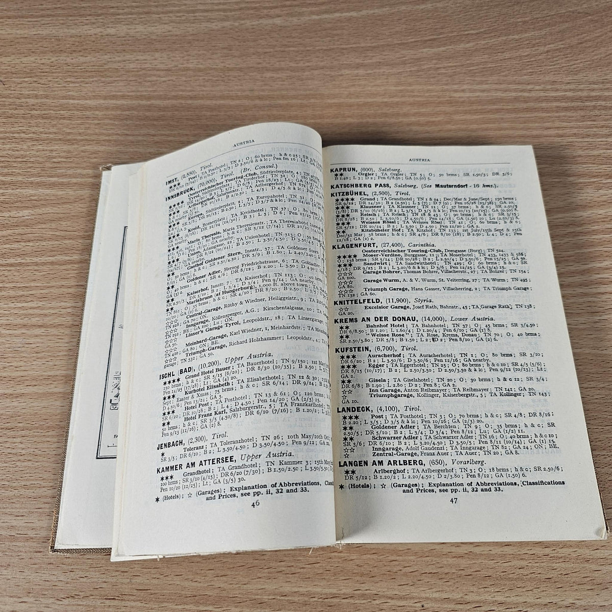 Open vintage AA foreign touring guide pages with detailed route and place listings