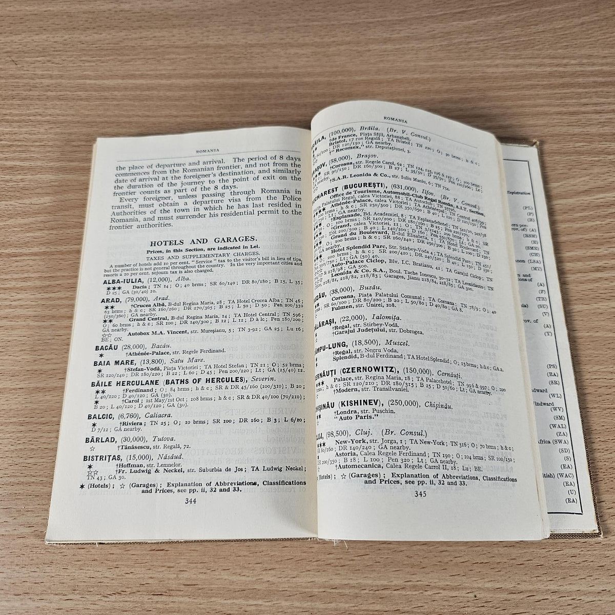 Open vintage AA foreign touring guide pages listing hotels and garages