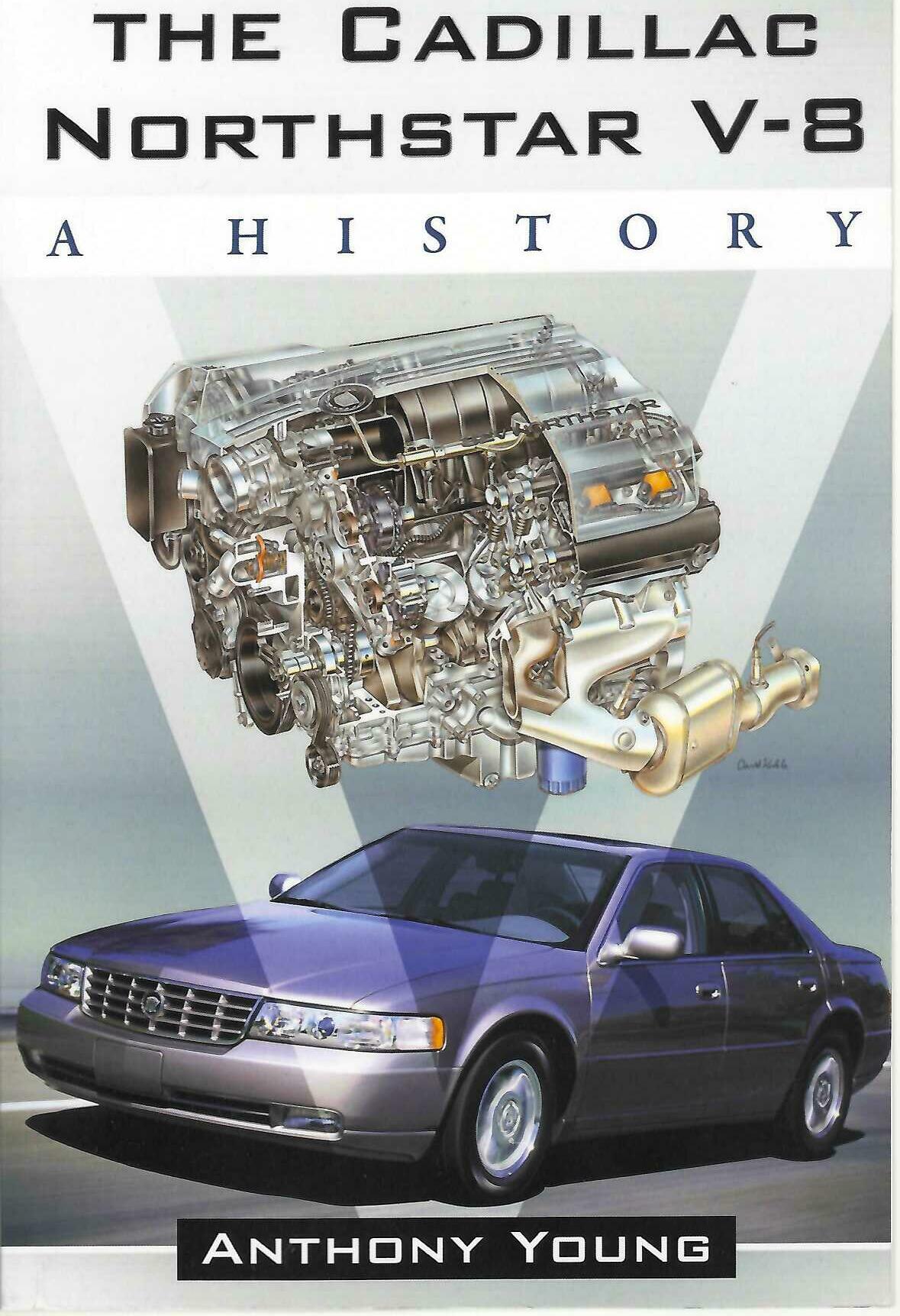 Automotive history book cover with engine illustration and blue Cadillac Northstar V-8 car