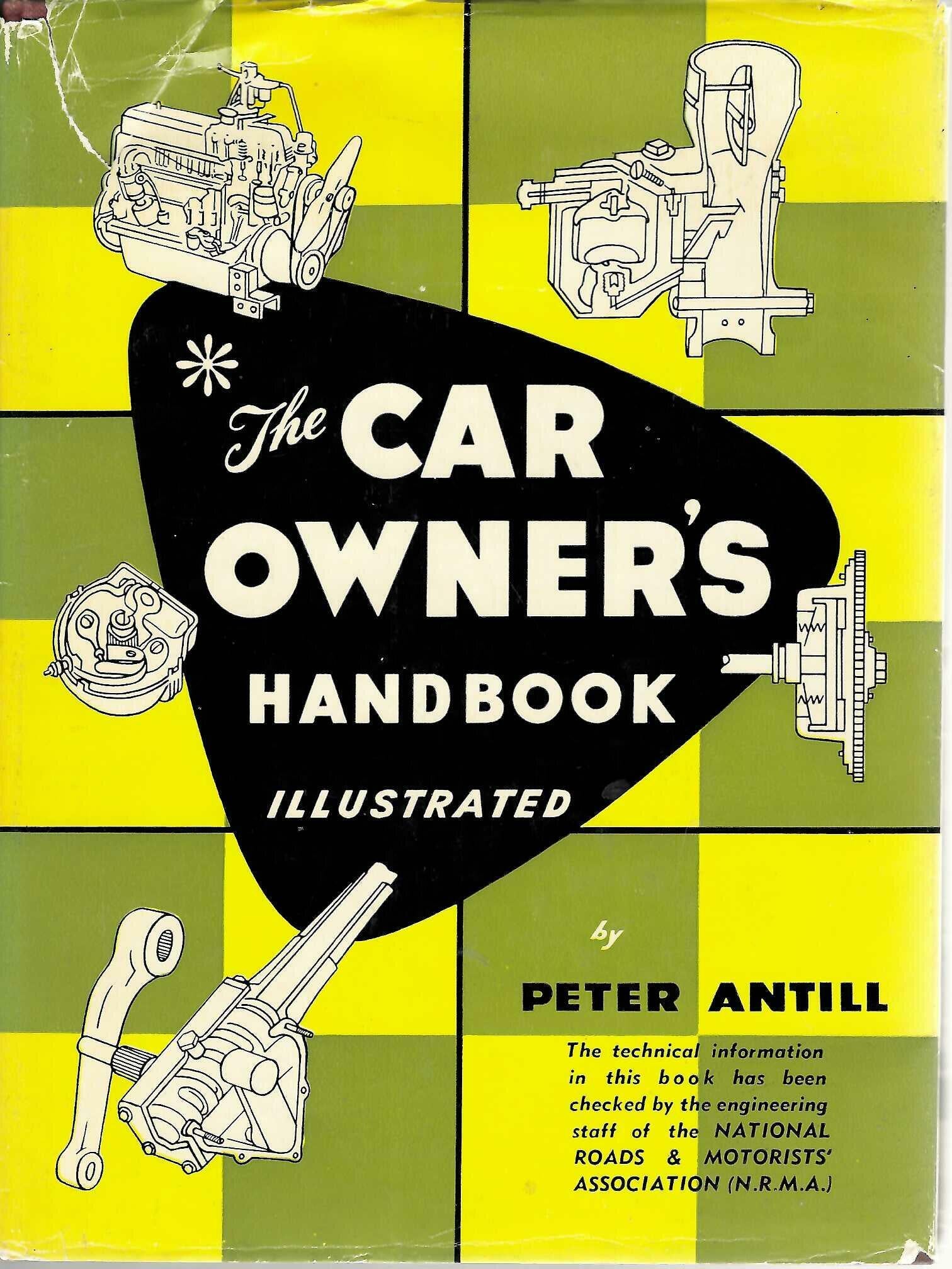 Illustrated hardcover car owners handbook with bold title and technical engine drawings on cover.