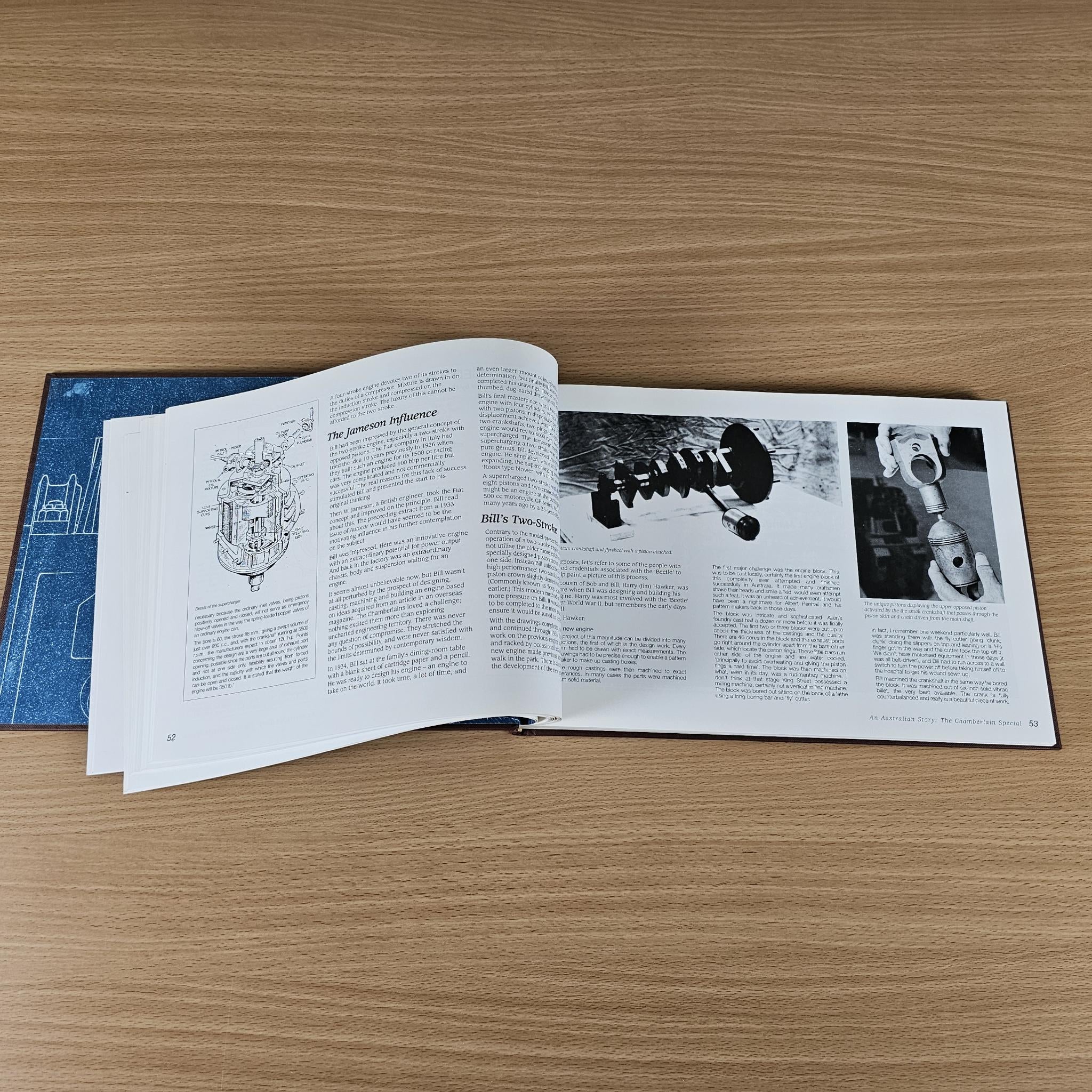 Open book showing black-and-white engineering photos on right page and text on left