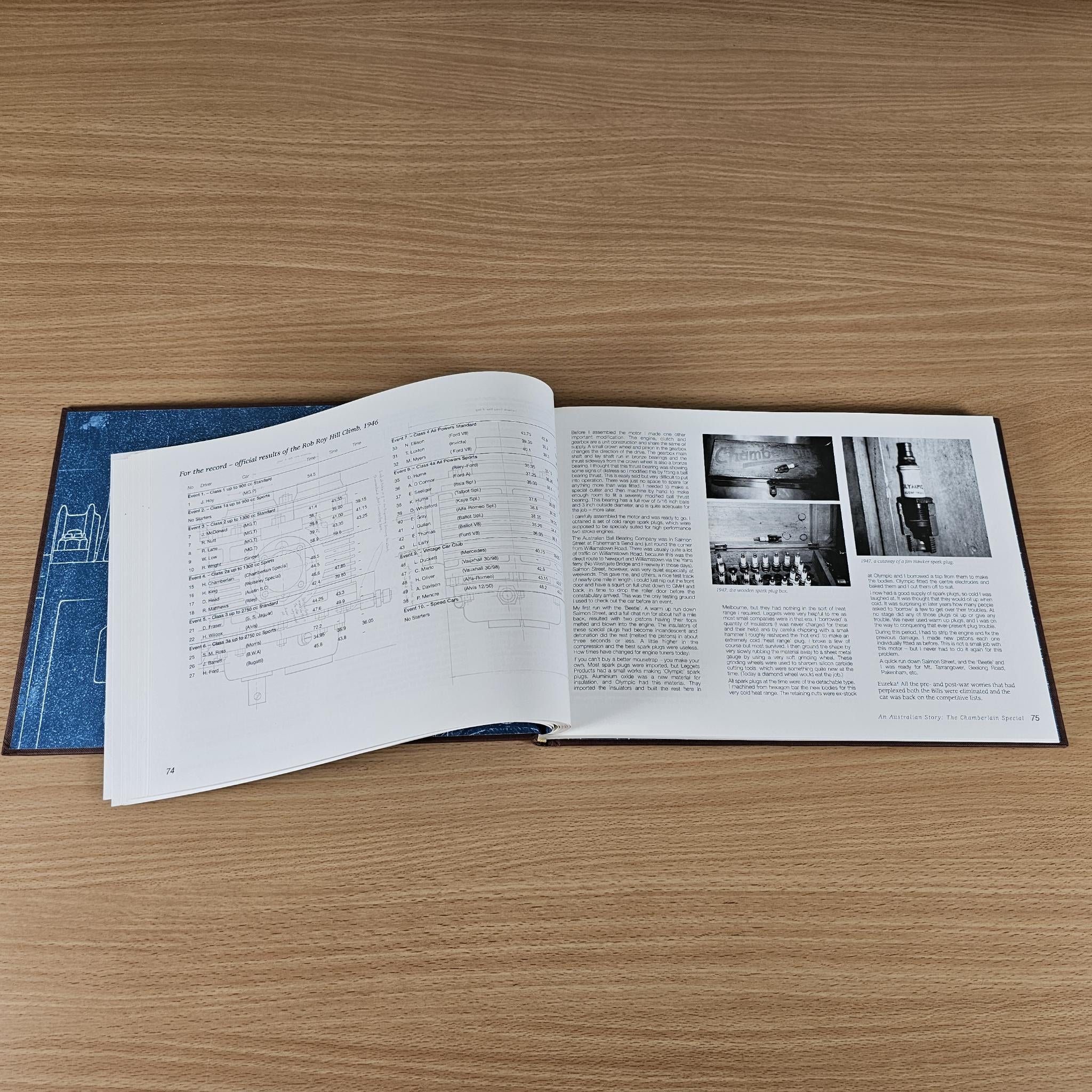 Open book spread with tables of text on left and black-and-white images on right