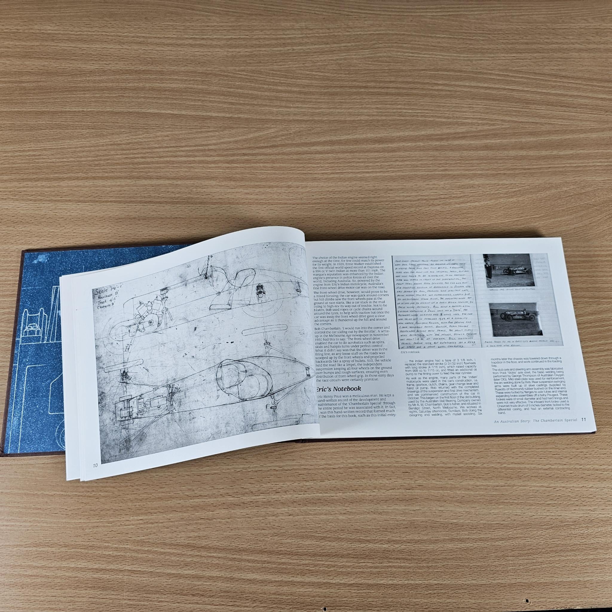Open book spread with technical sketches, a small photo box, and text