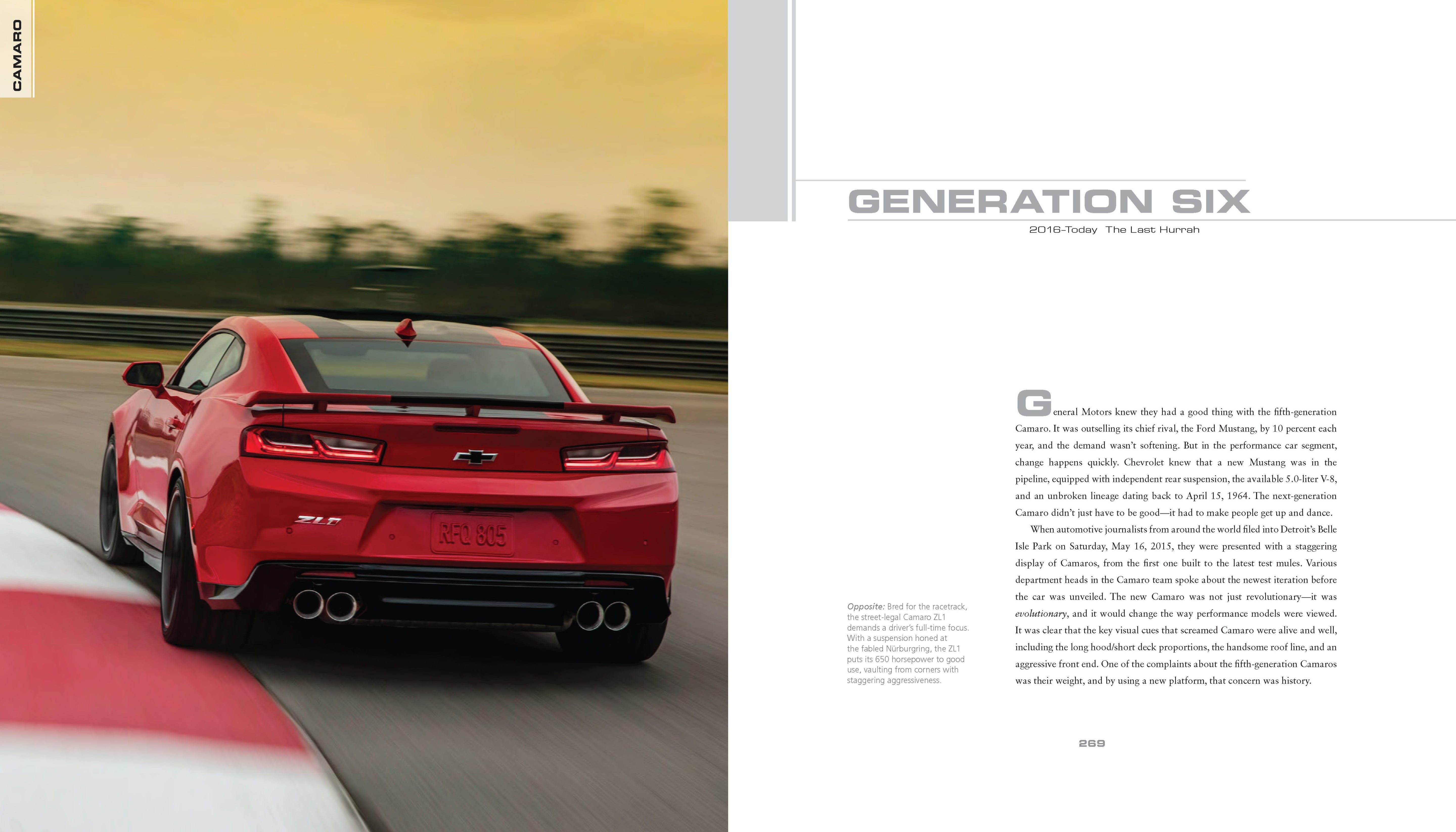 Open book spread with red and blue Camaro rear-view photos and text.
