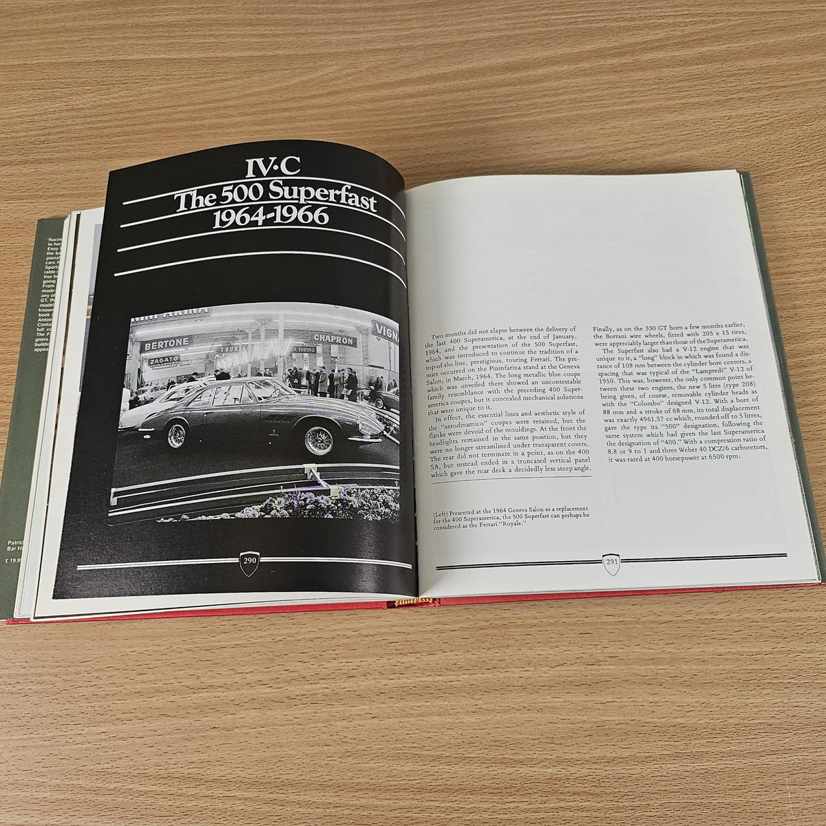 Ferrari road car book, open spread with black title panel and vintage car photo.