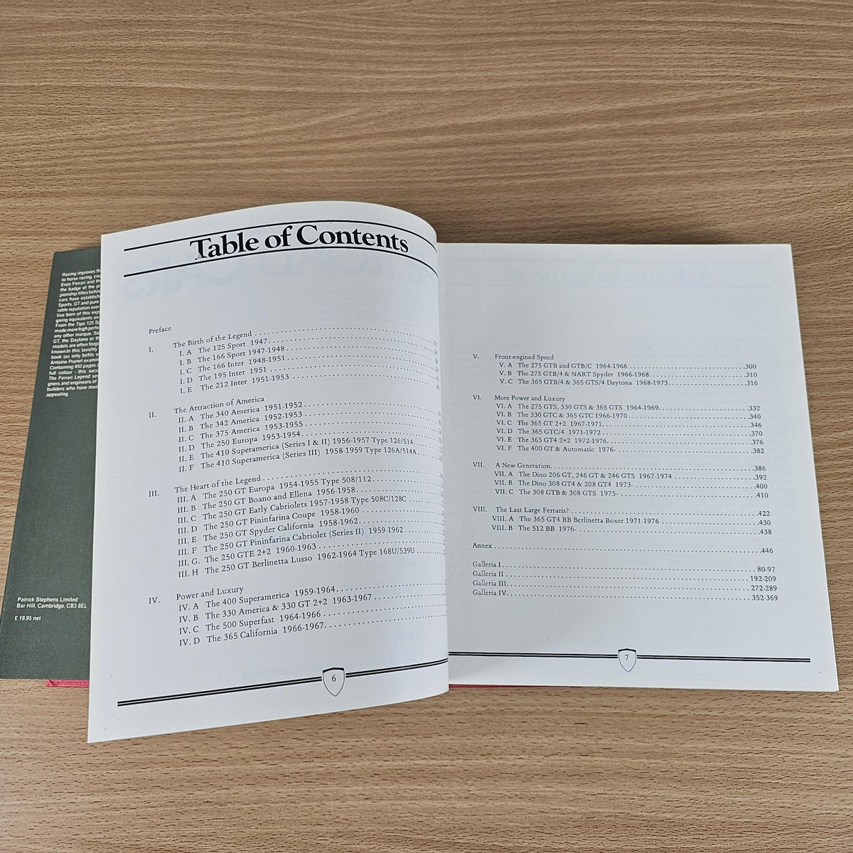 Ferrari book open to Table of Contents with multiple numbered entries