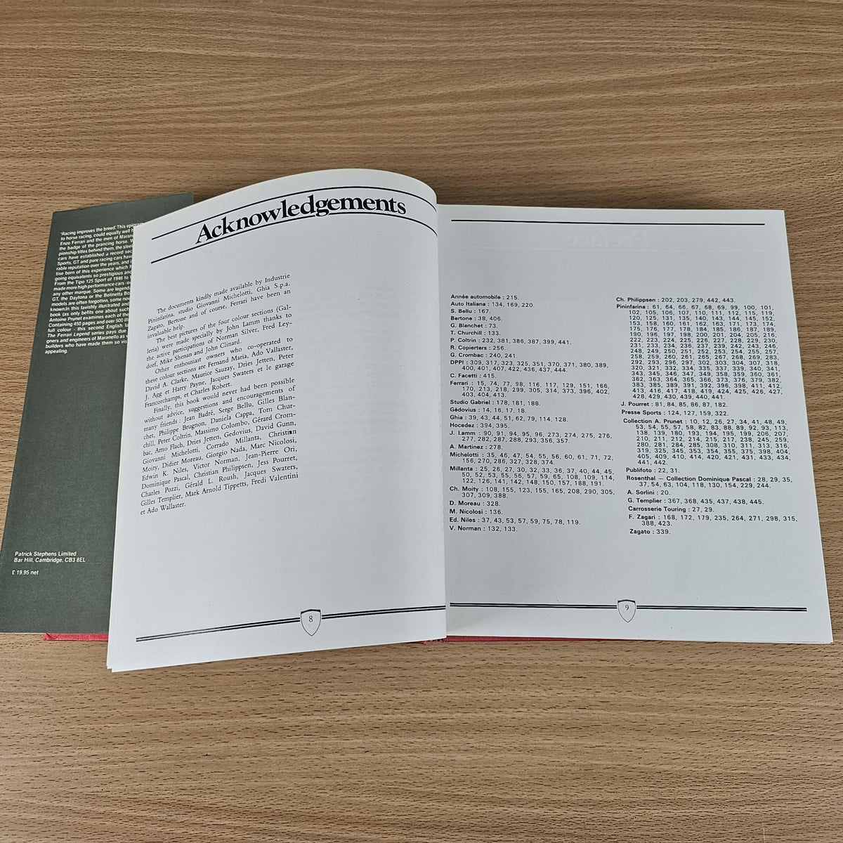 Ferrari book open to Acknowledgements section with printed paragraphs and tables