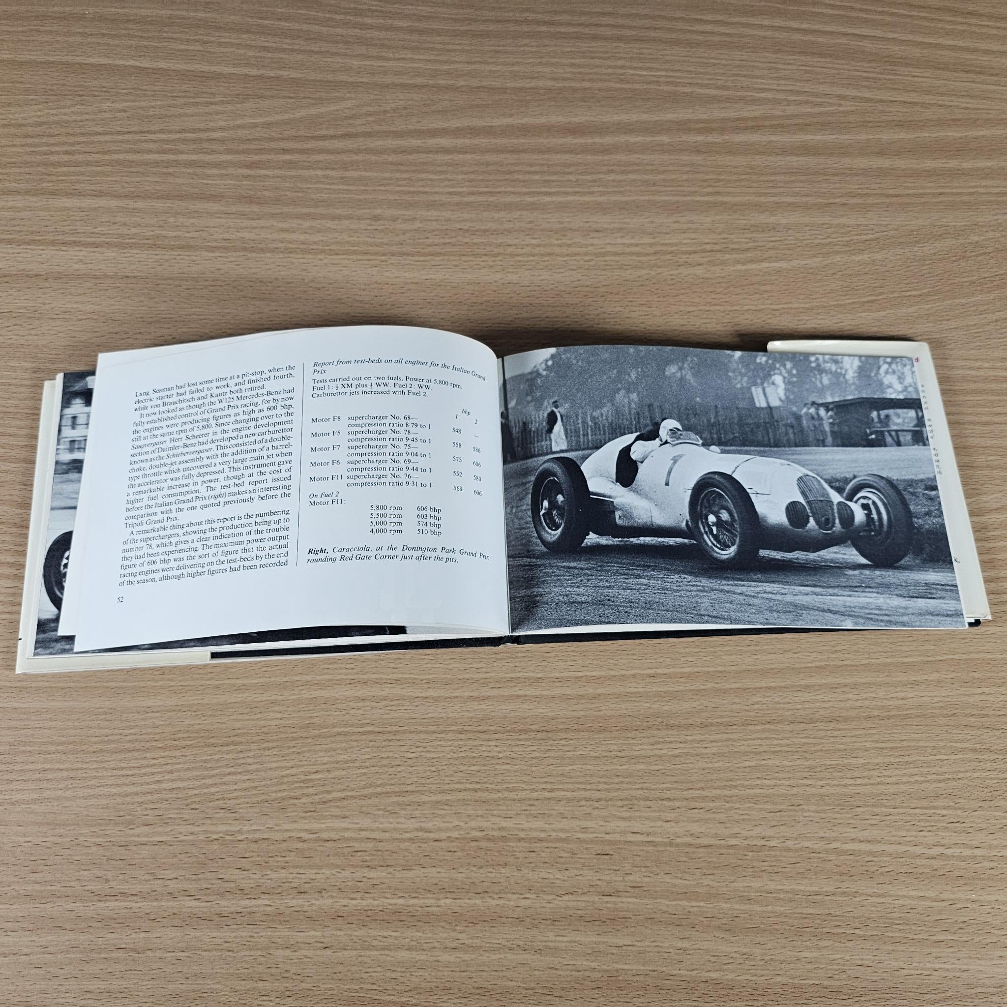 Vintage race photo book, open pages with black-and-white track photo and race details