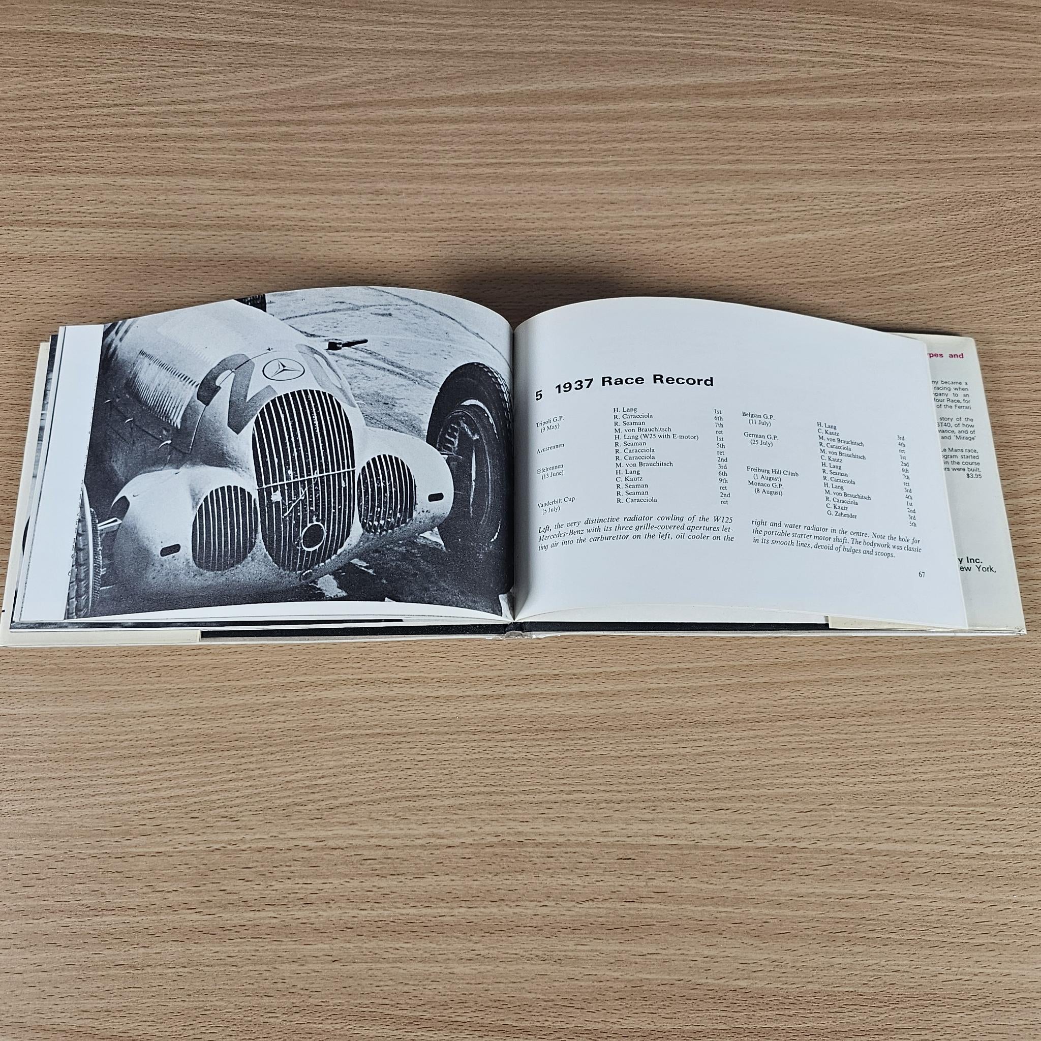 Vintage race photo book, open spread with close-up car wheel photo and “1937 Race Record” list