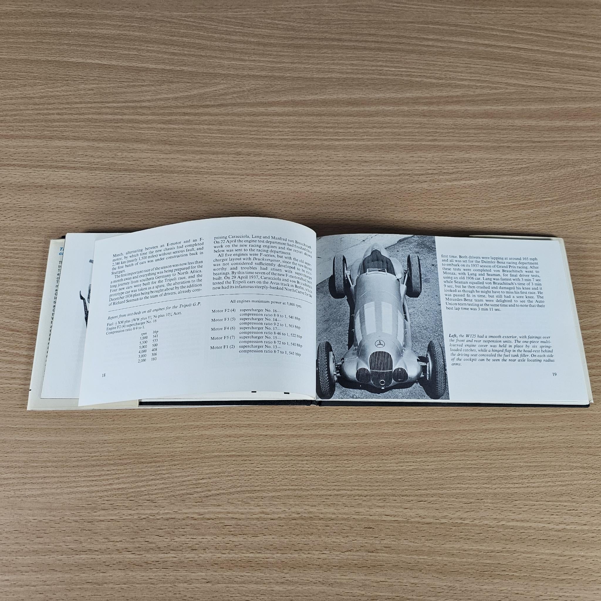 Open race car book spread with multiple paragraphs and a front car photo