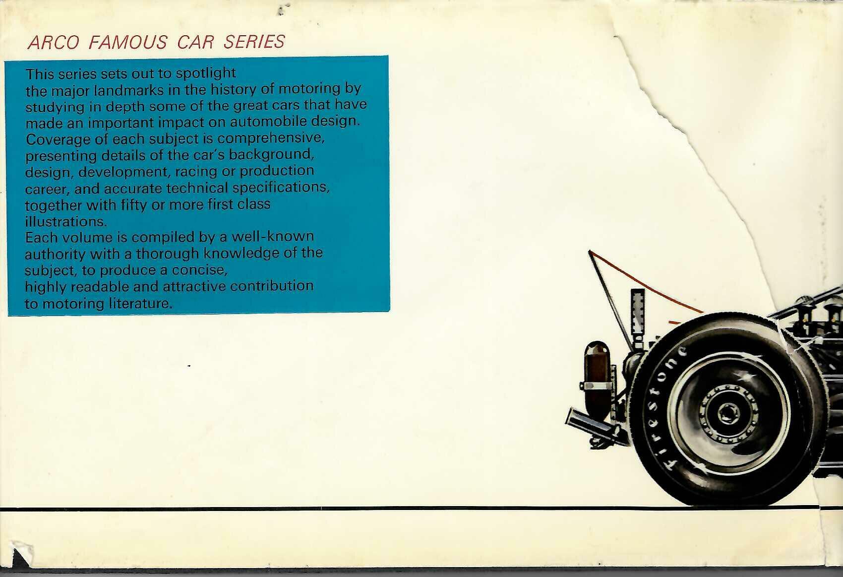 Book back page with “ARCO FAMOUS CAR SERIES” text and a partial race car diagram