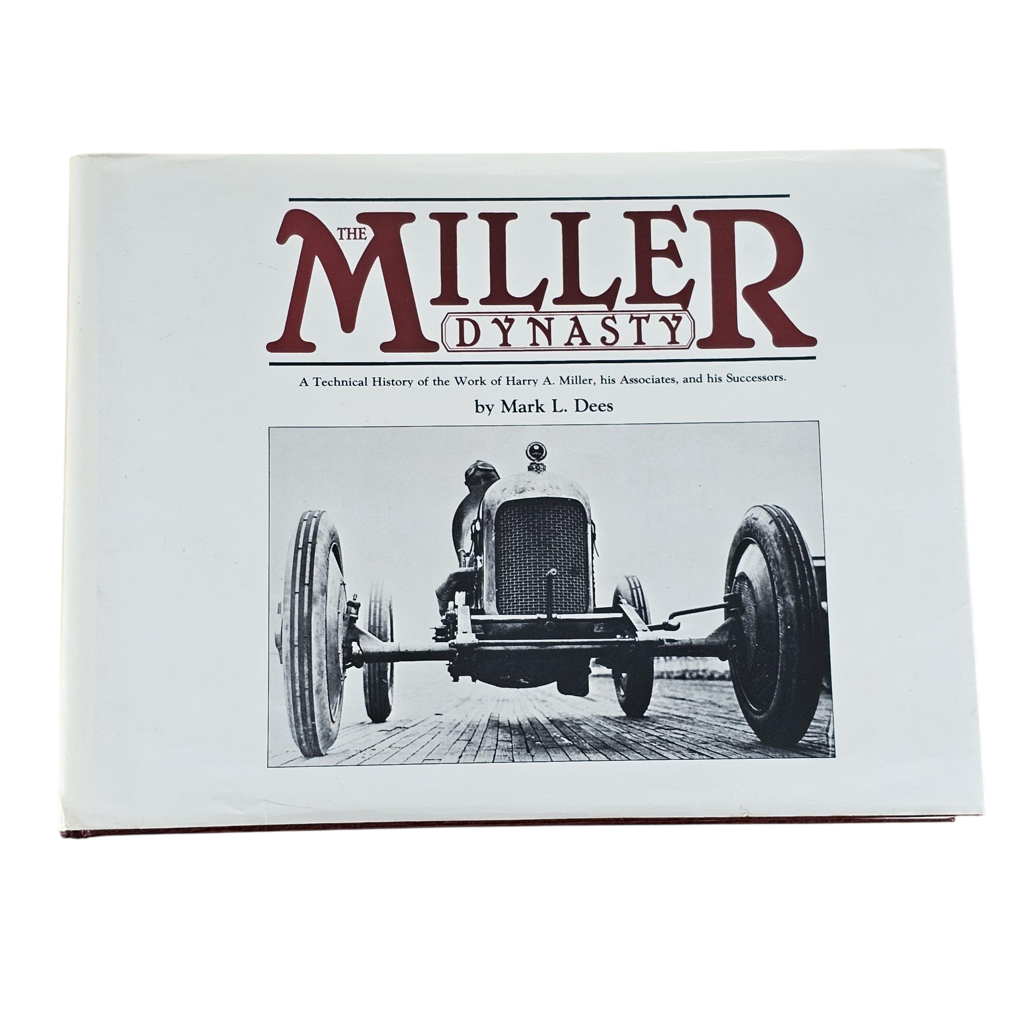 Miller Dynasty history book with white cover, vintage race car image, and title lettering