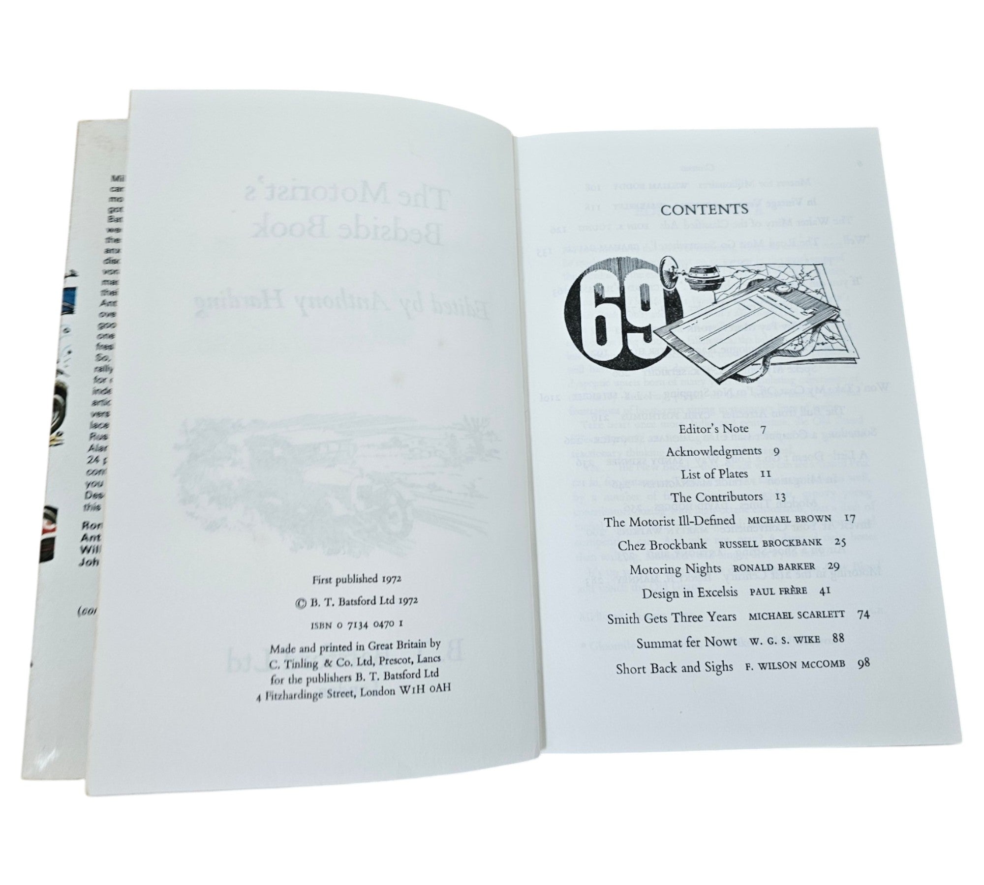 Automotive book opened to the contents page with car-number illustration