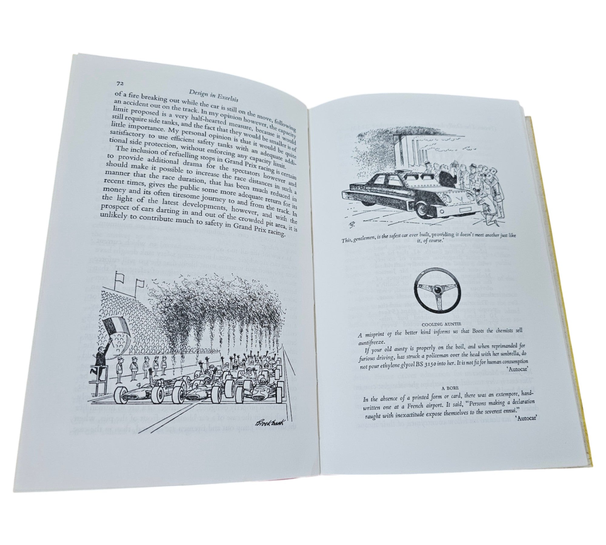 Automotive book open spread with vehicle sketches and black text blocks