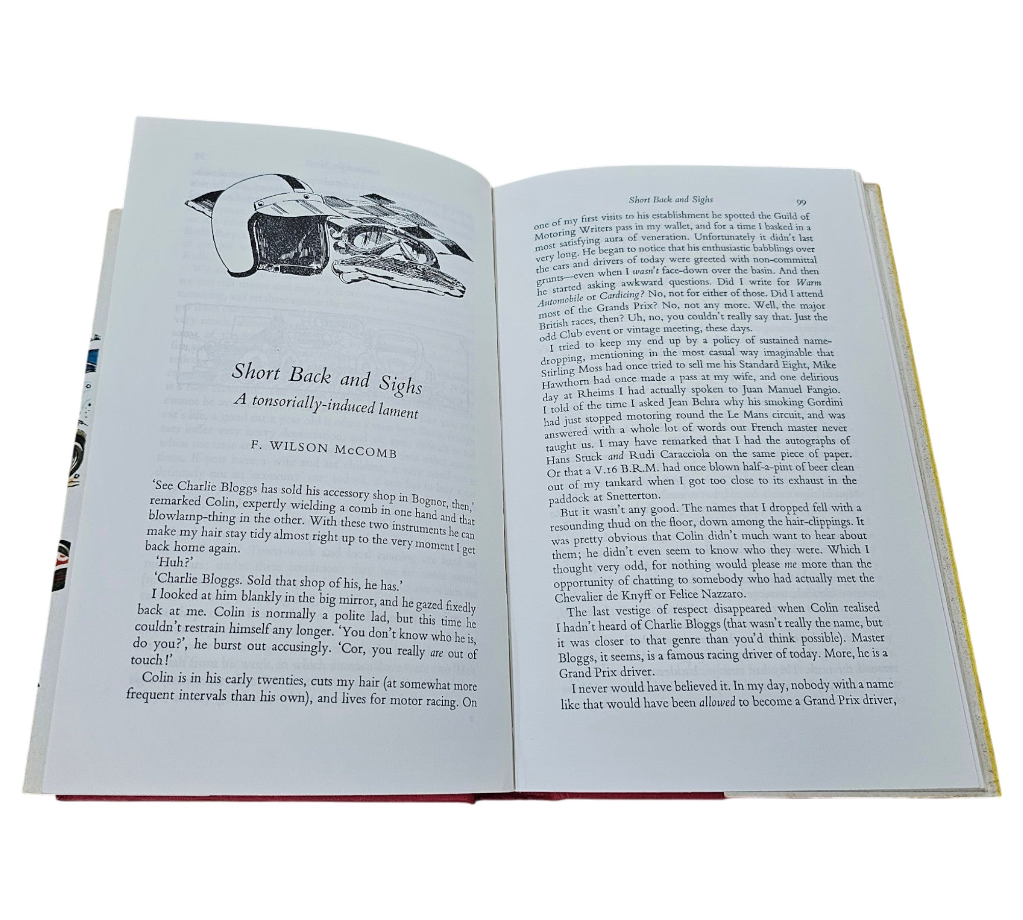 Automotive book open spread with car illustration and two columns of paragraphs