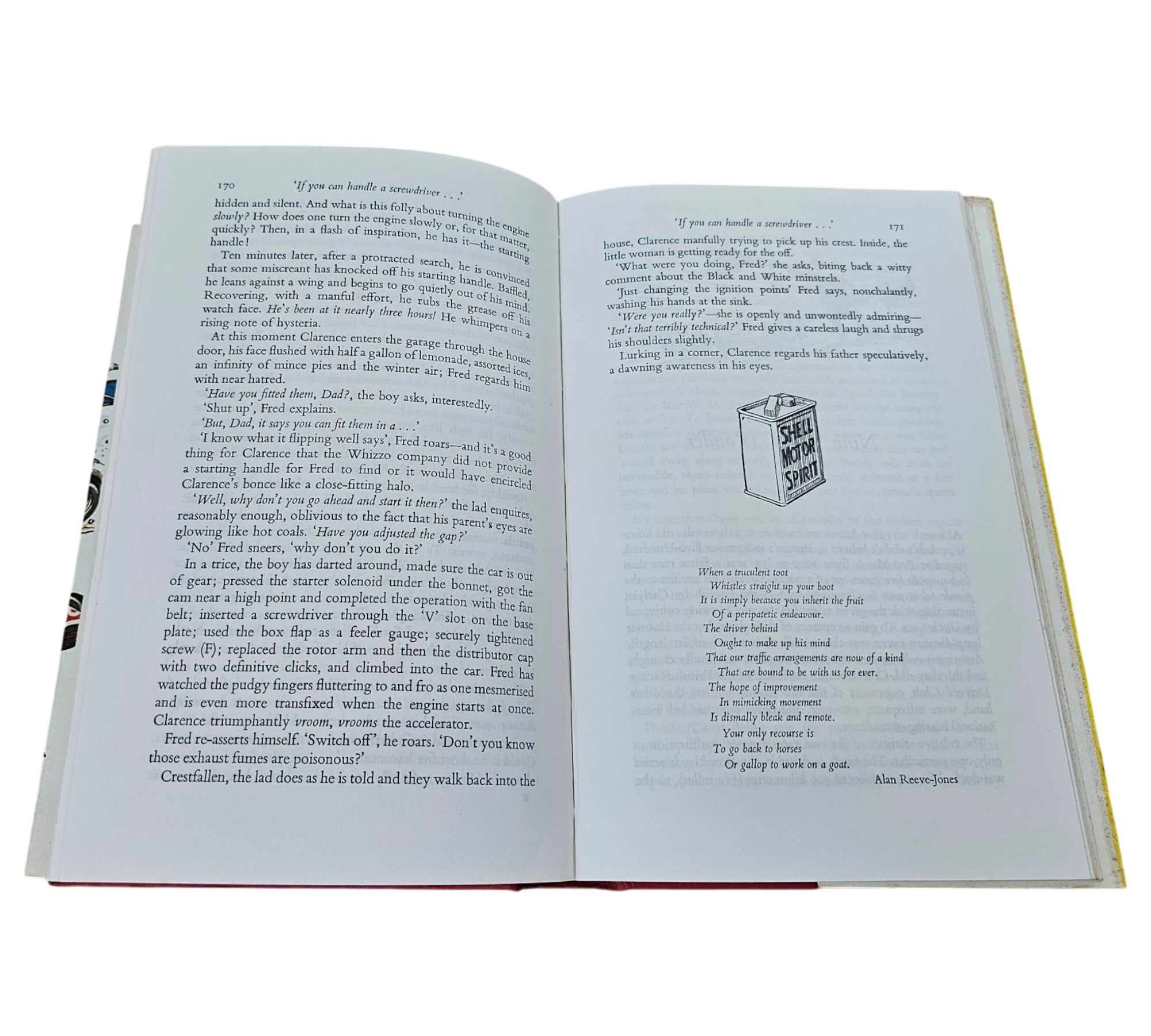 Automotive book open spread with paragraphs and a small diagram on the right page