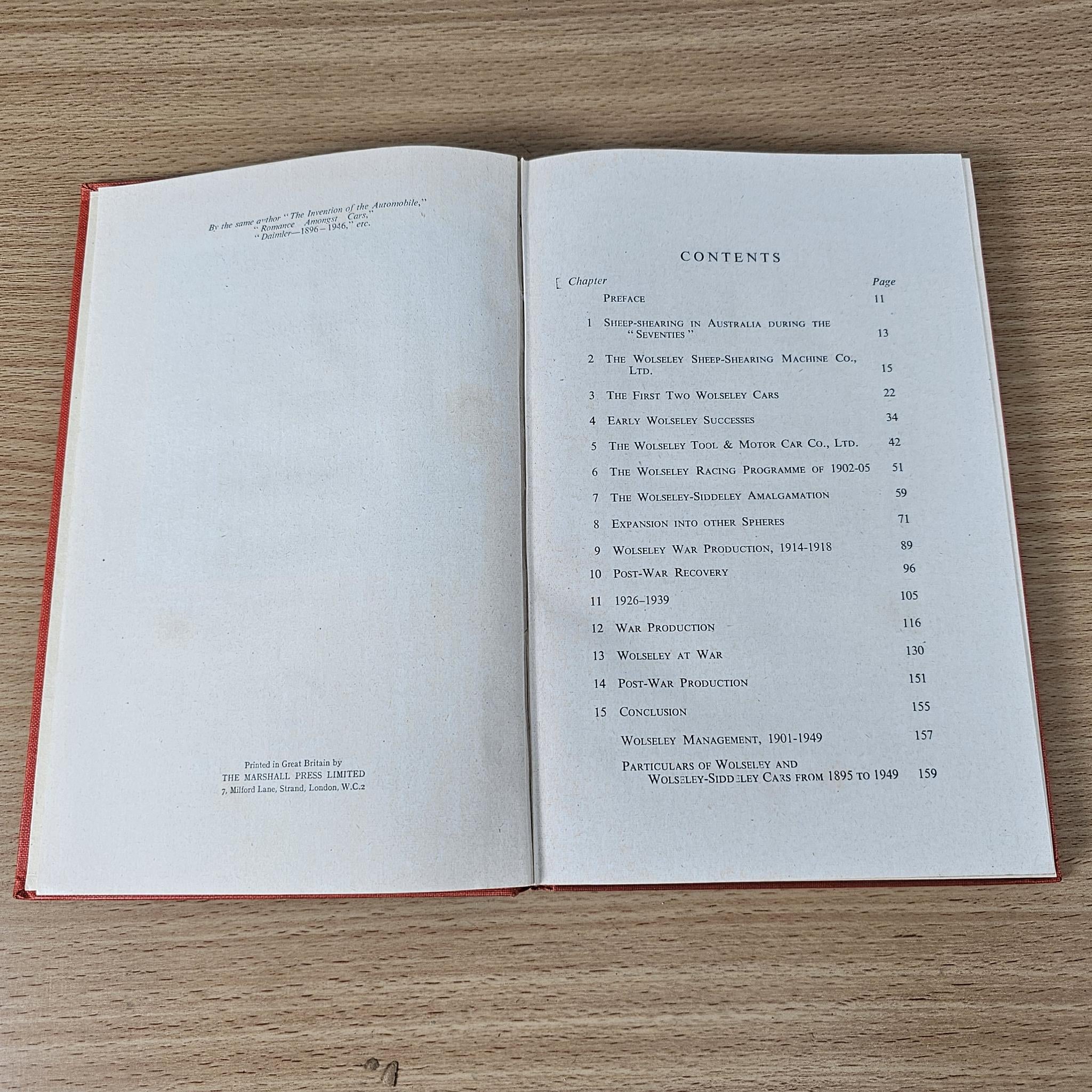 Open book with contents page listing sections and page numbers