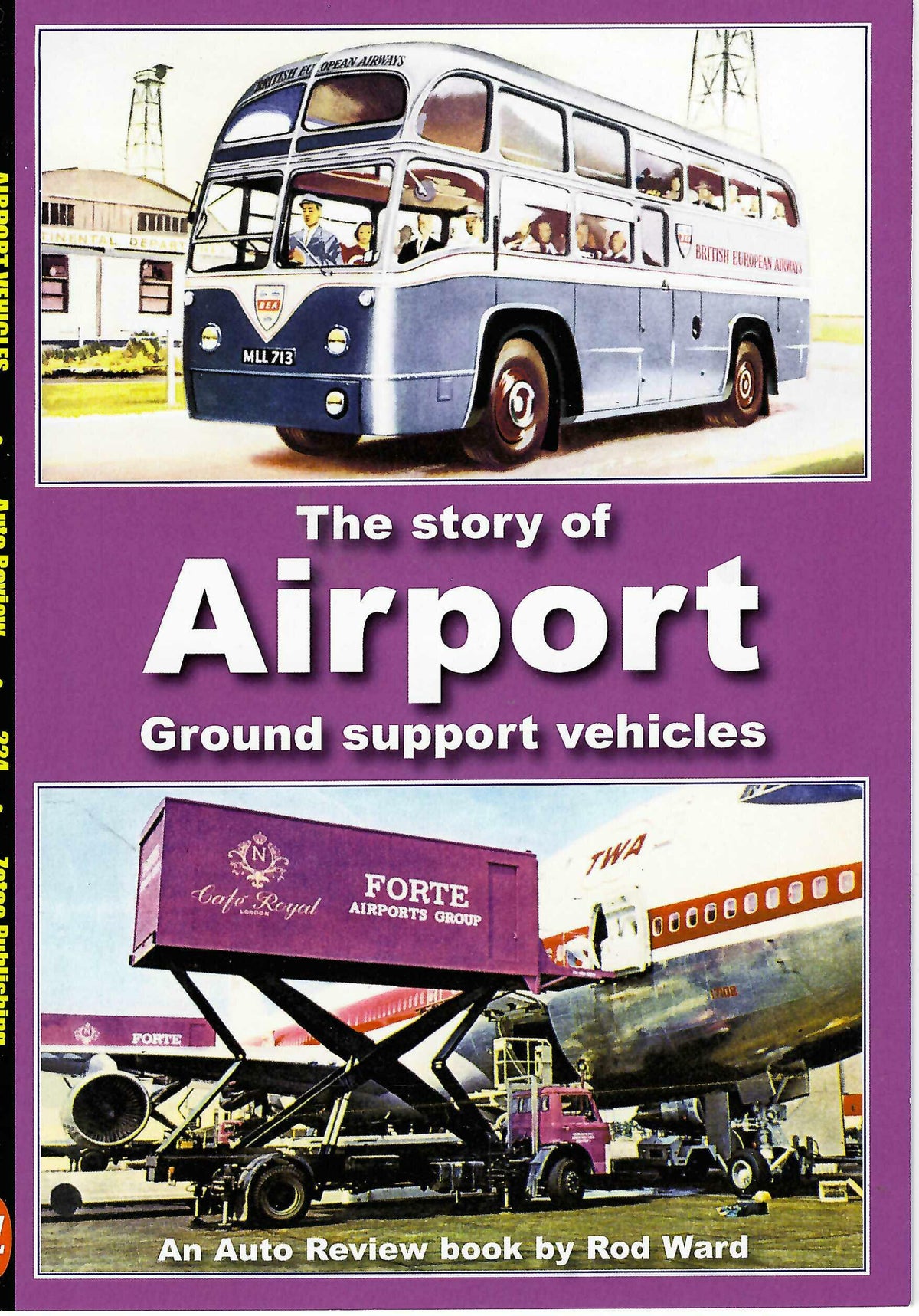 Airport ground support vehicles book cover with bus and aircraft images, purple background
