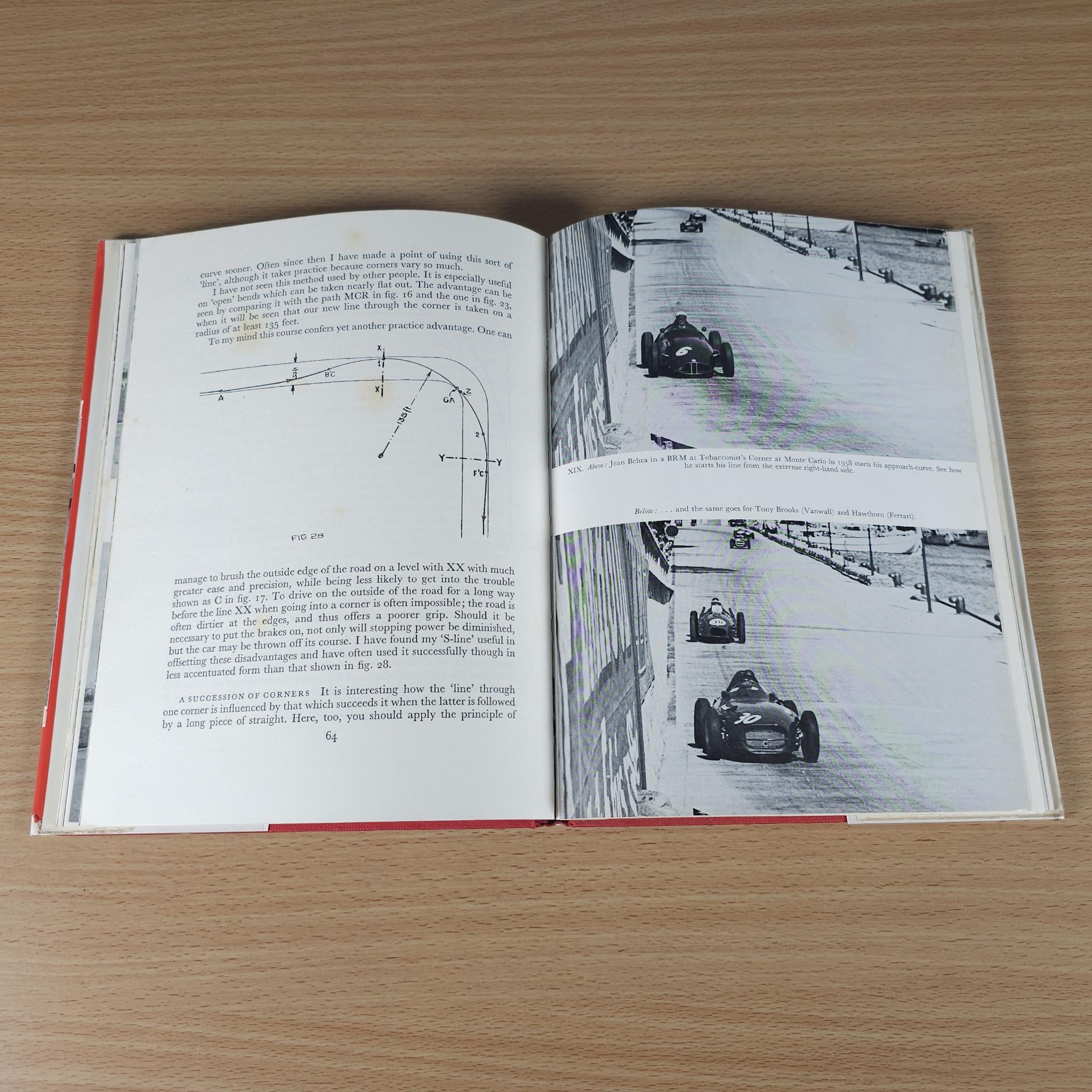 Vintage motor racing book, open spread with track photos and diagram lines.