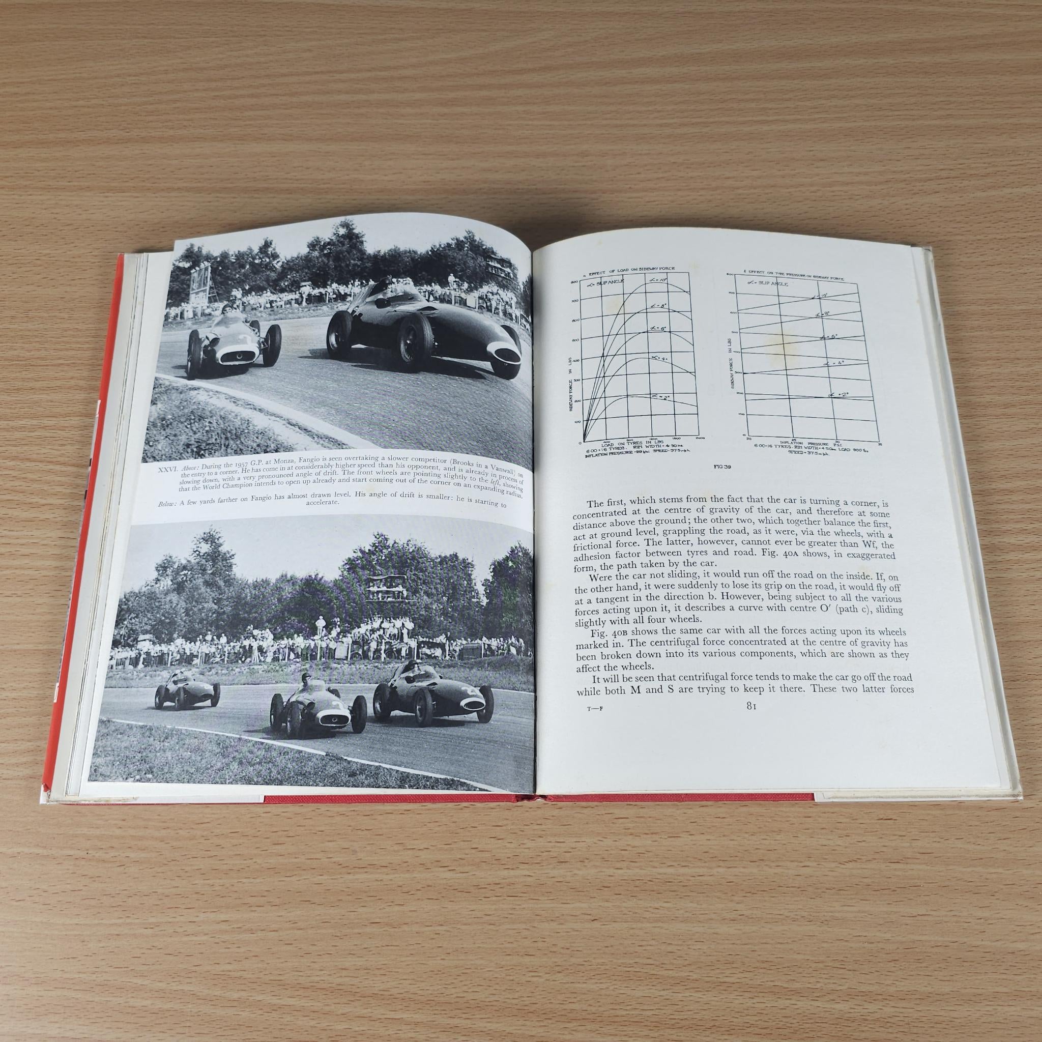 Vintage motor racing book, open spread with black-and-white track car photos.