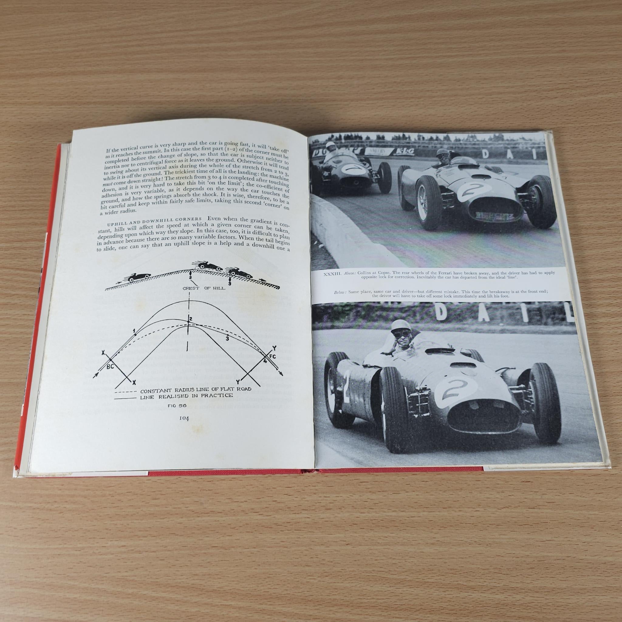 Vintage motor racing book, open pages with track photos and performance graphs.